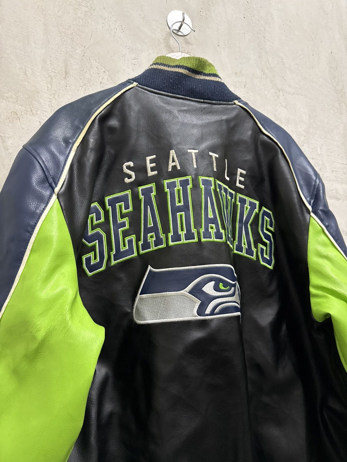 NFL Distressed Seattle Seahawks Leather Varsity Jacket Size US XXL / EU 58 / 5 - 8 Thumbnail