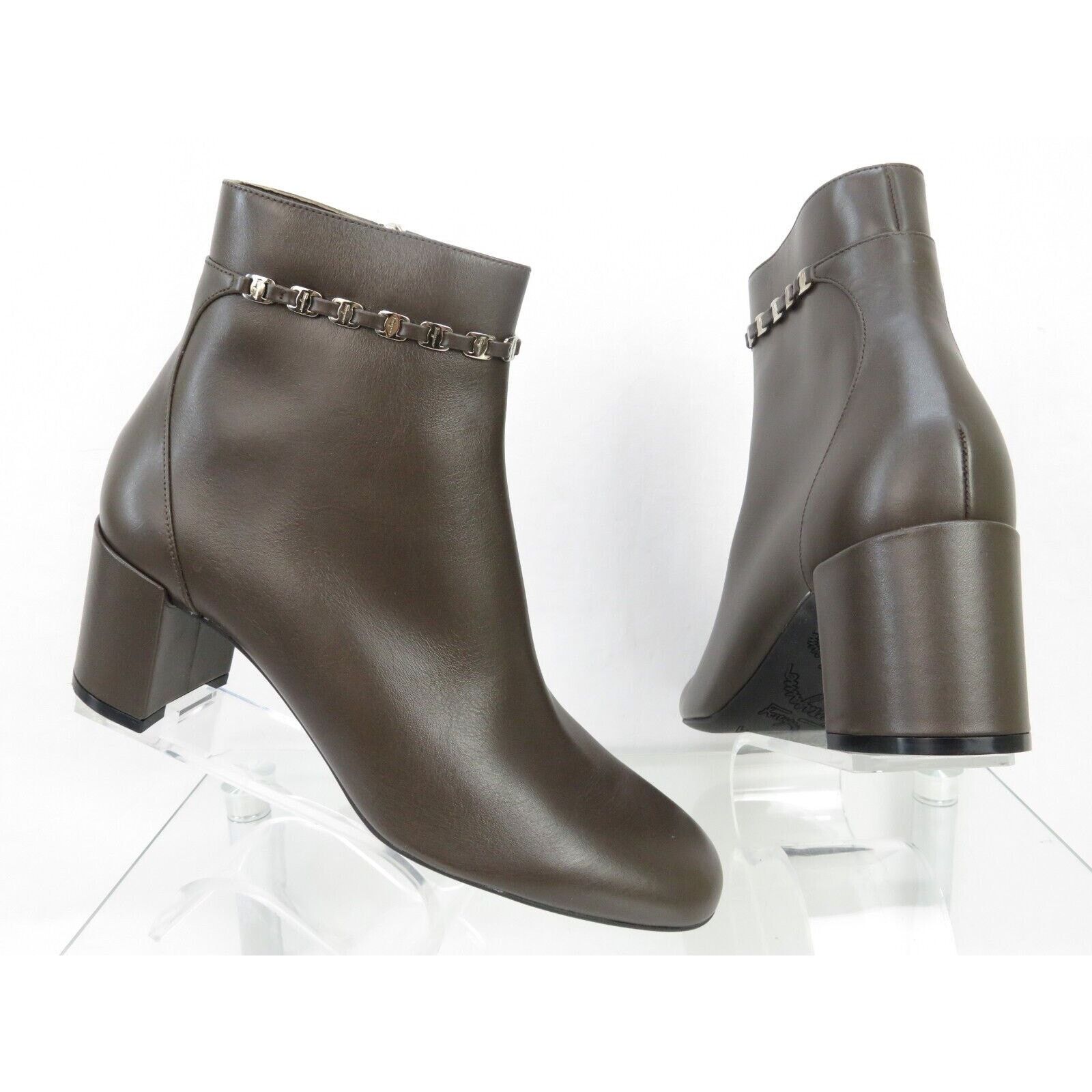 Salvatore Ferragamo NEW GHILA BROWN LEATHER GANCINI CHAIN ZIP ANKLE BOOTS 6.5 C Size US 6.5 / IT 36.5 - 5 Thumbnail