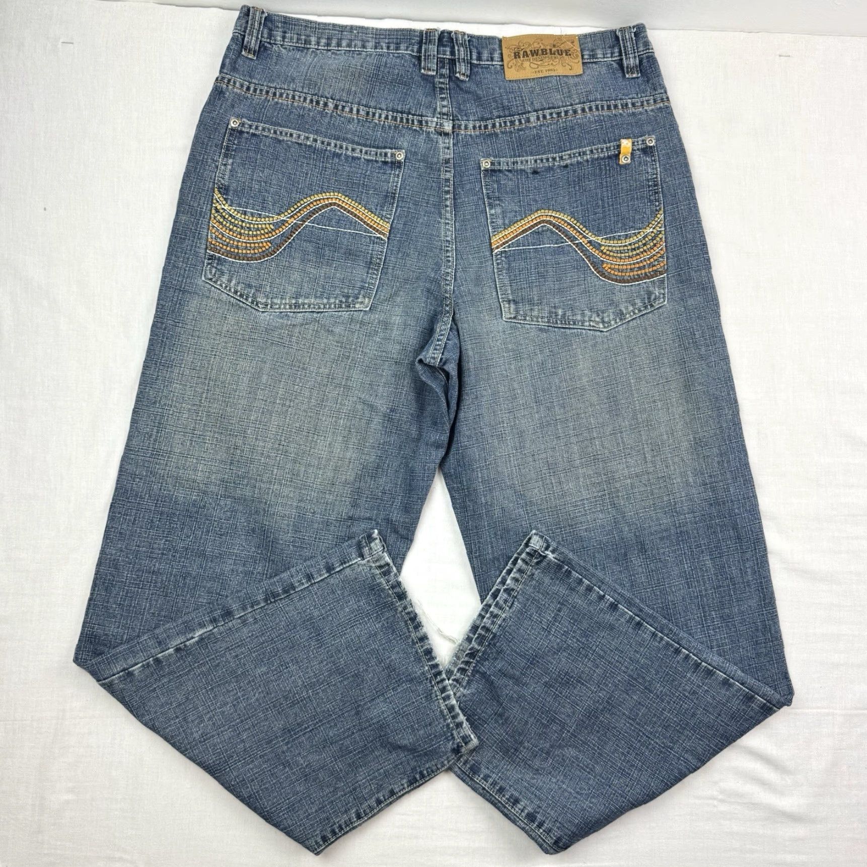 Vintage VINTAGE Raw Blue Jeans Men 36x32 Embroidered Baggy Hipster Punk Grunge Blue 90s Mens Size US 36 / EU 52 - 2 Thumbnail