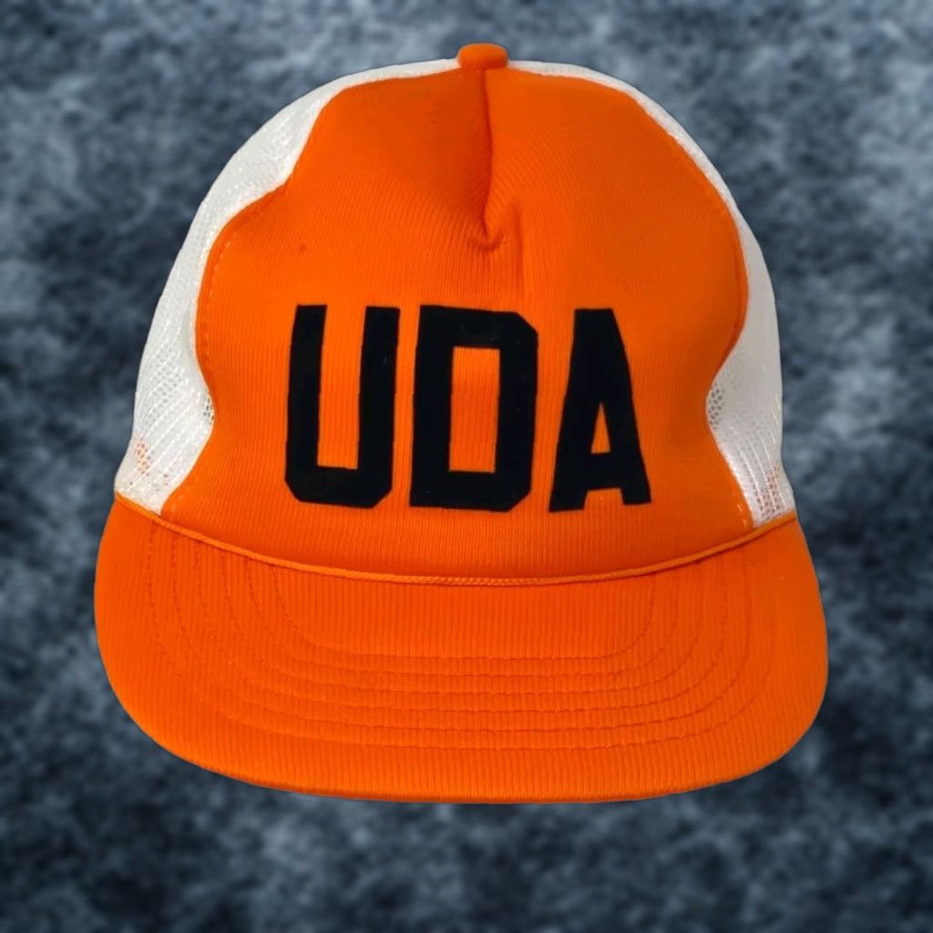 FELT VINTAGE HaT Trucker Hat Cap Orange White Black Felt Letters Adjustable Cap Size ONE SIZE - 1 Thumbnail