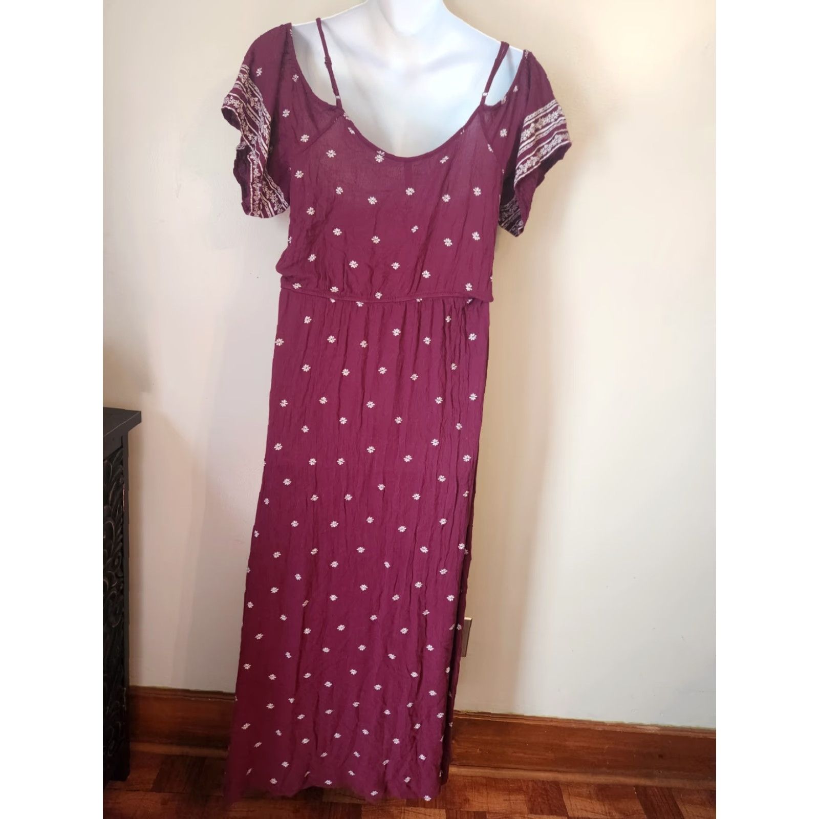 Vintage Xhilaration Maxi Dress Burgundy Floral Crinkle Cold Shoulder V-Neck Short Sleeve XL Red Hippie Boho Women Size XL / US 12-14 / IT 48-50 - 7 Thumbnail