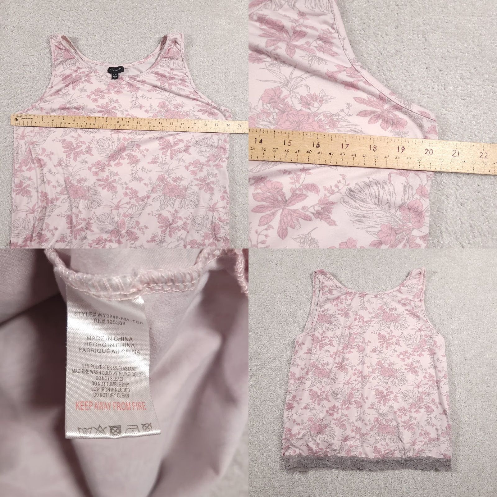 Vintage Tahari Tank Top Womens XL Pink Floral Lace Trim Sleeveless Pajama Shirt Size XL / US 12-14 / IT 48-50 - 8 Thumbnail