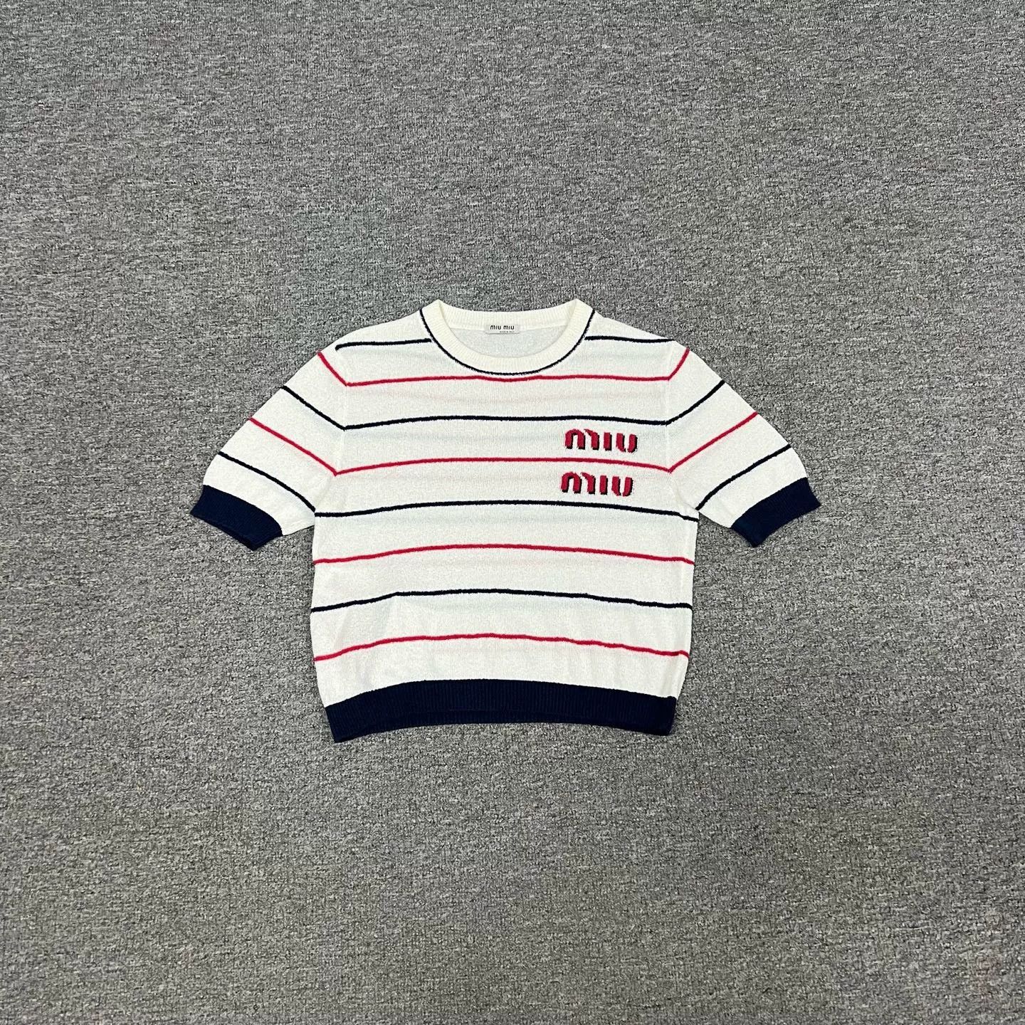 Miu Miu Miu Miu Logo Stripe Knit Short Sleeve Size S / US 4 / IT 40 - 1 Thumbnail
