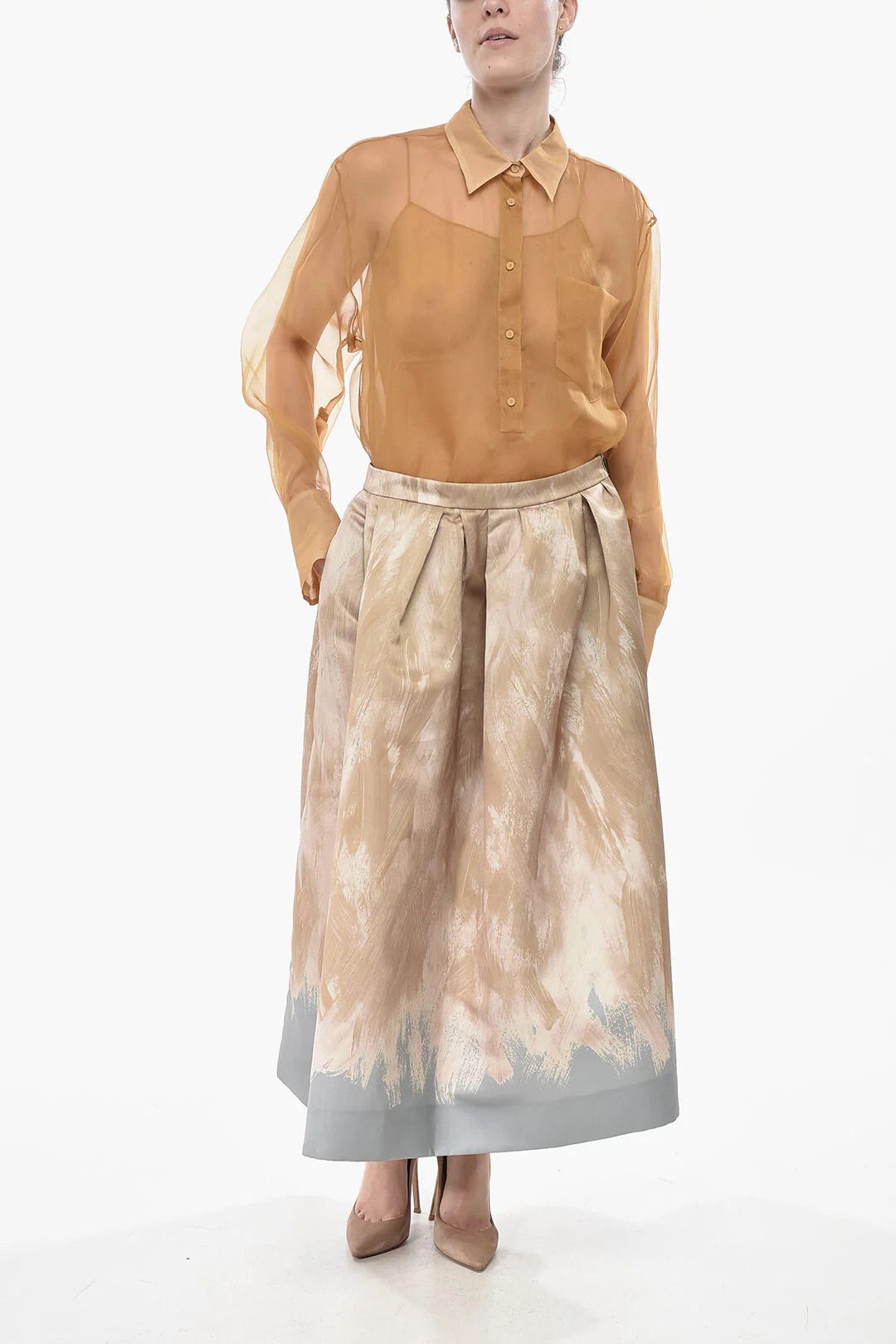Dries Van Noten og1mm0426 Printed-Satin Flared Midi Skirt in Beige Size 30" / US 8 / IT 44 - 4 Thumbnail