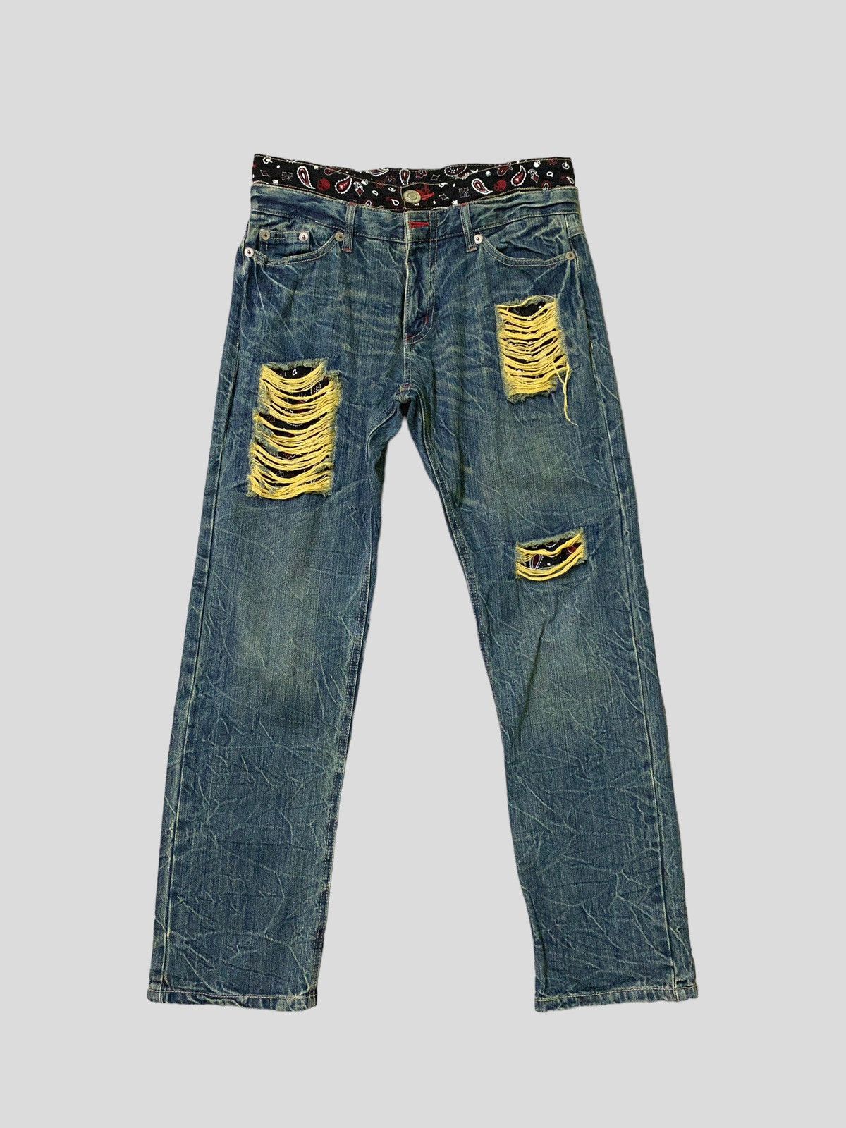 image of Vintage Pretty Green Design Double Waist Distressed Denim in Blue, Men's (Size 30)