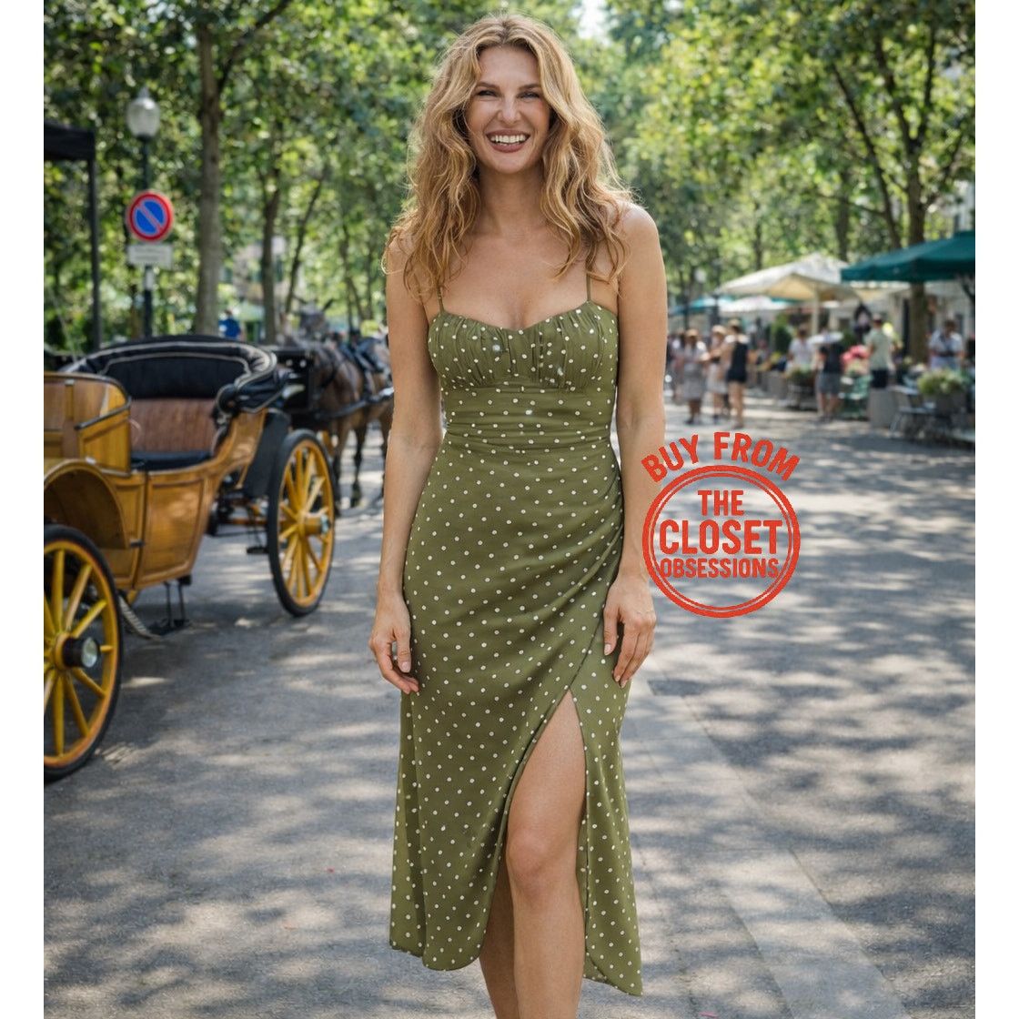 ZARA Green Polka Dot Ruched Midi Dress NWT