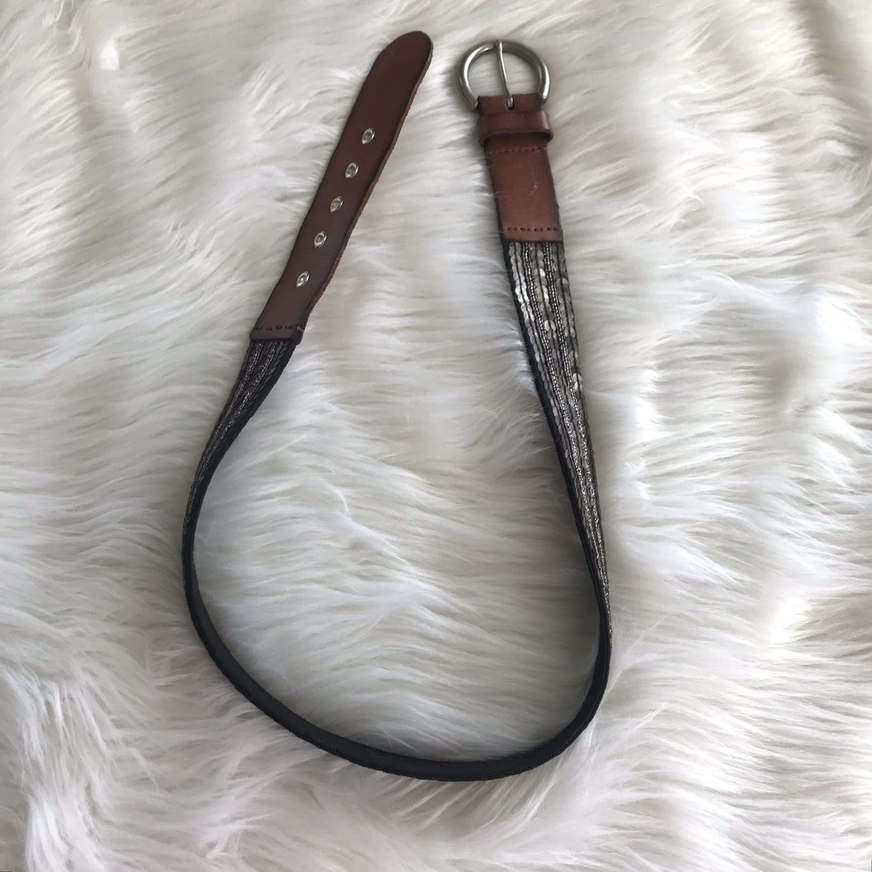 Fossil Fossil Belt Womens Medium Brown Multi-Color Sequin Leather Casual 41.25" Belt Width 1.5" Regular Long?? Size ONE SIZE - 2 Thumbnail