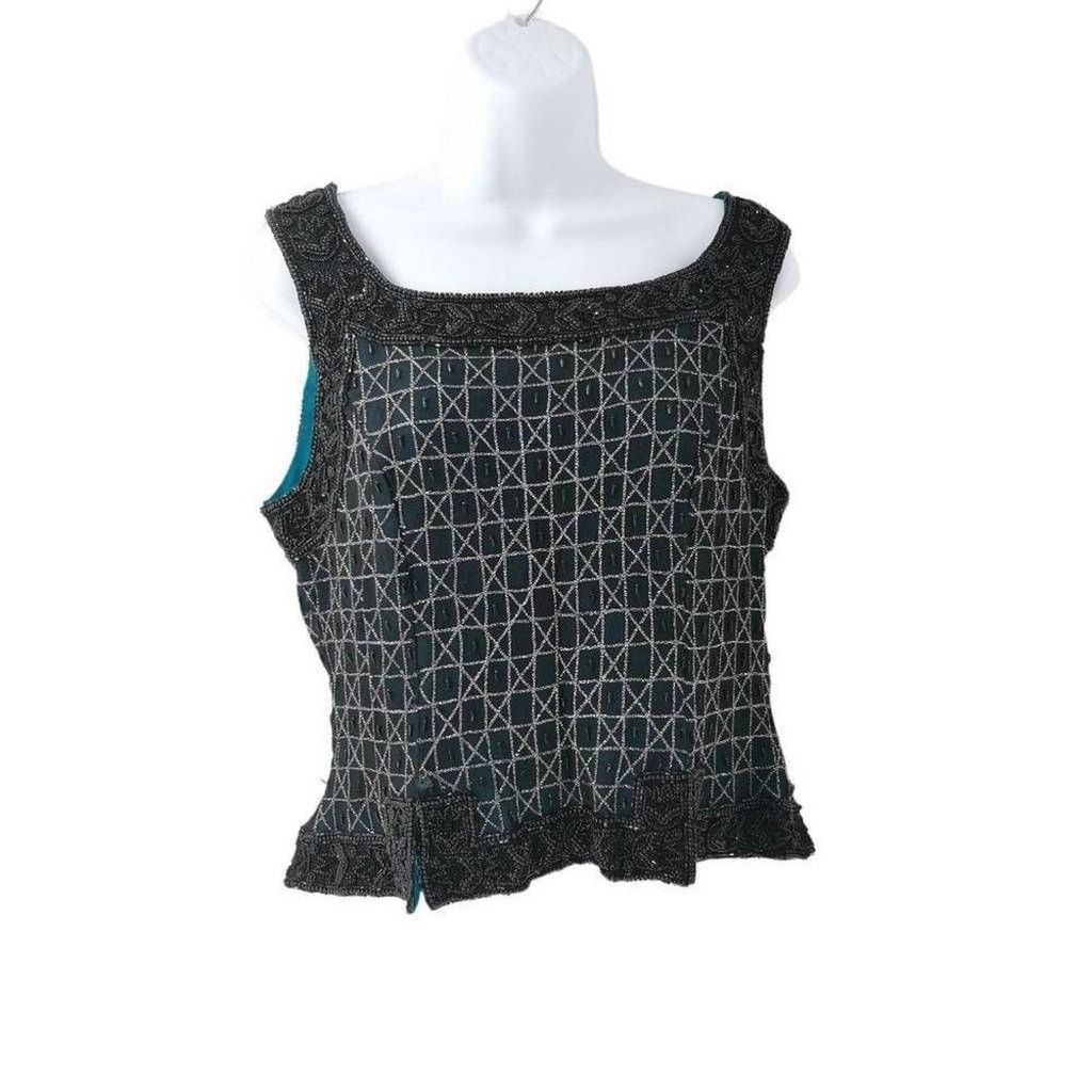 Vintage Vintage Teal Silk Sleeveless Top Hand Embellished Size L / US 10 / IT 46 - 2 Thumbnail