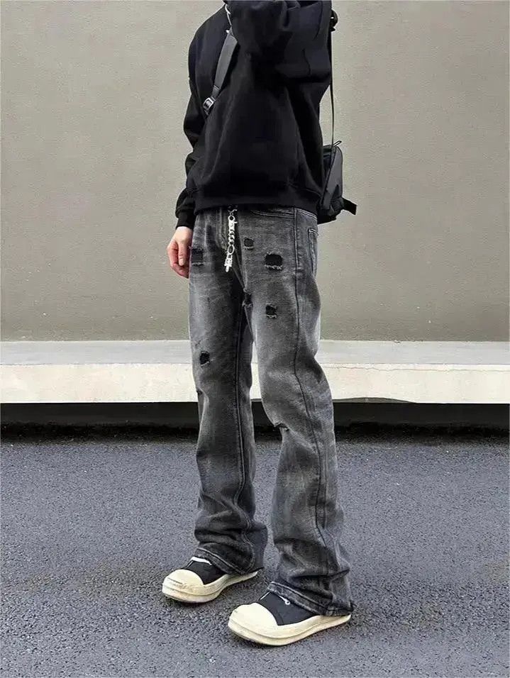 Japanese Brand Black straight leg distressed jeans Size US 32 / EU 48 - 6 Thumbnail