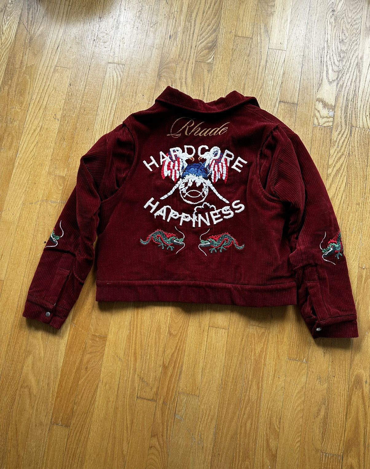 image of Rhude Ss21 “Hardcore Happiness” Souvenir Corduroy Jacket in Red, Men's (Size Medium)