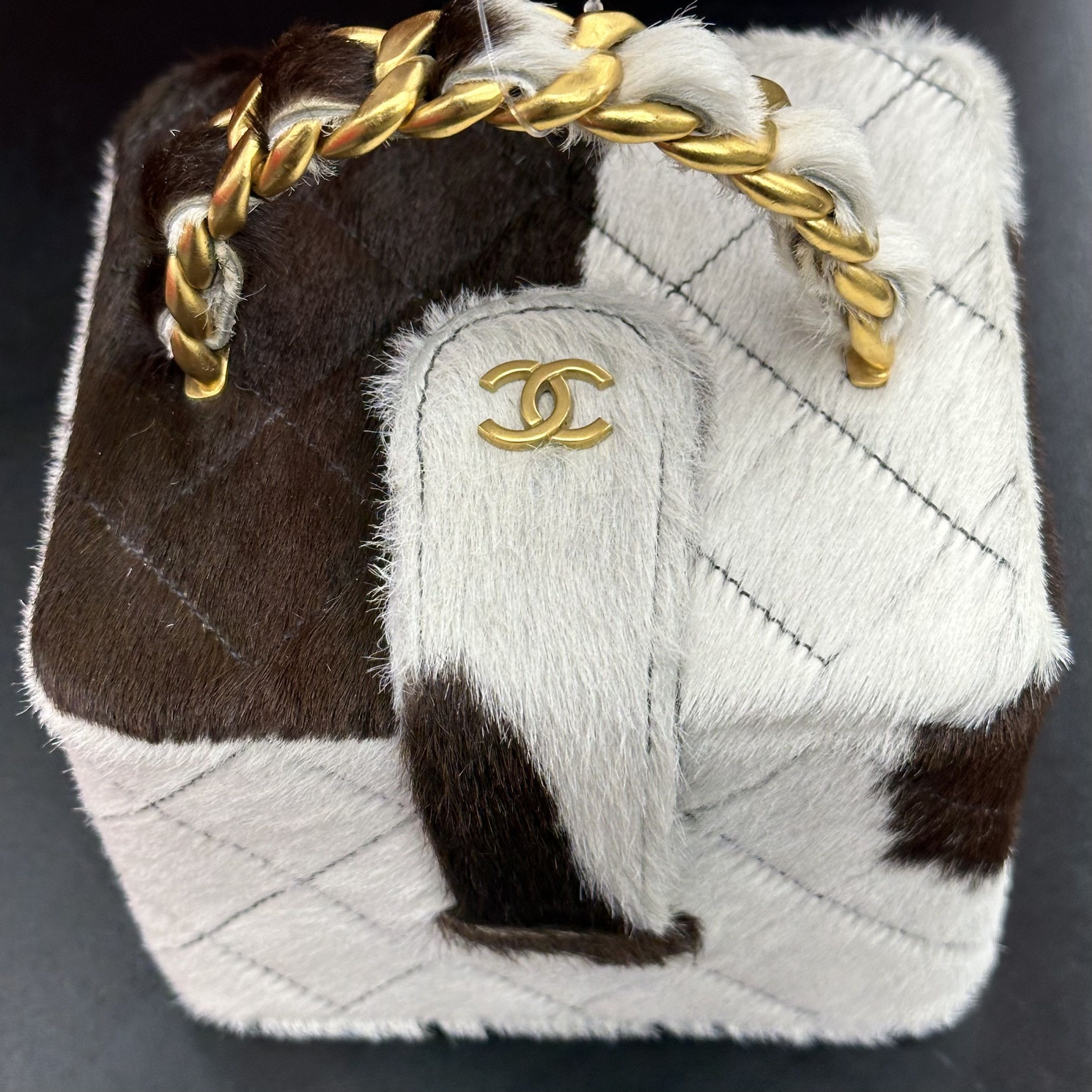 image of Chanel 1995 Cow Print Pony Hair Mini Cube Vanity Case Bag in Brown, Women's