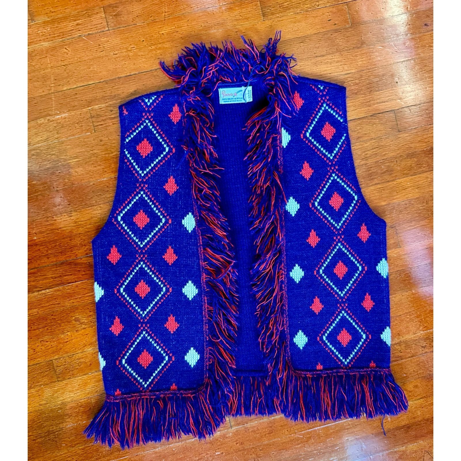 Vintage Vintage 60’s Penrose Blue Red Argyle Fringe vest jacket Mod Size ONE SIZE - 1 Thumbnail