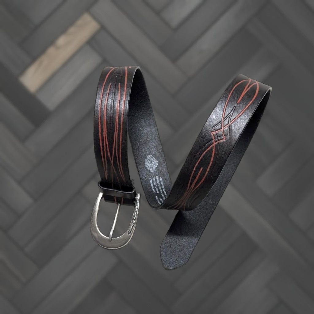 Harley Davidson VINTAGE Harley-Davidson leather belt 32 black flame motorcycle Y2K buckle tooled Belt Mens 32 Black Flame 90s Size 32 - 1 Thumbnail
