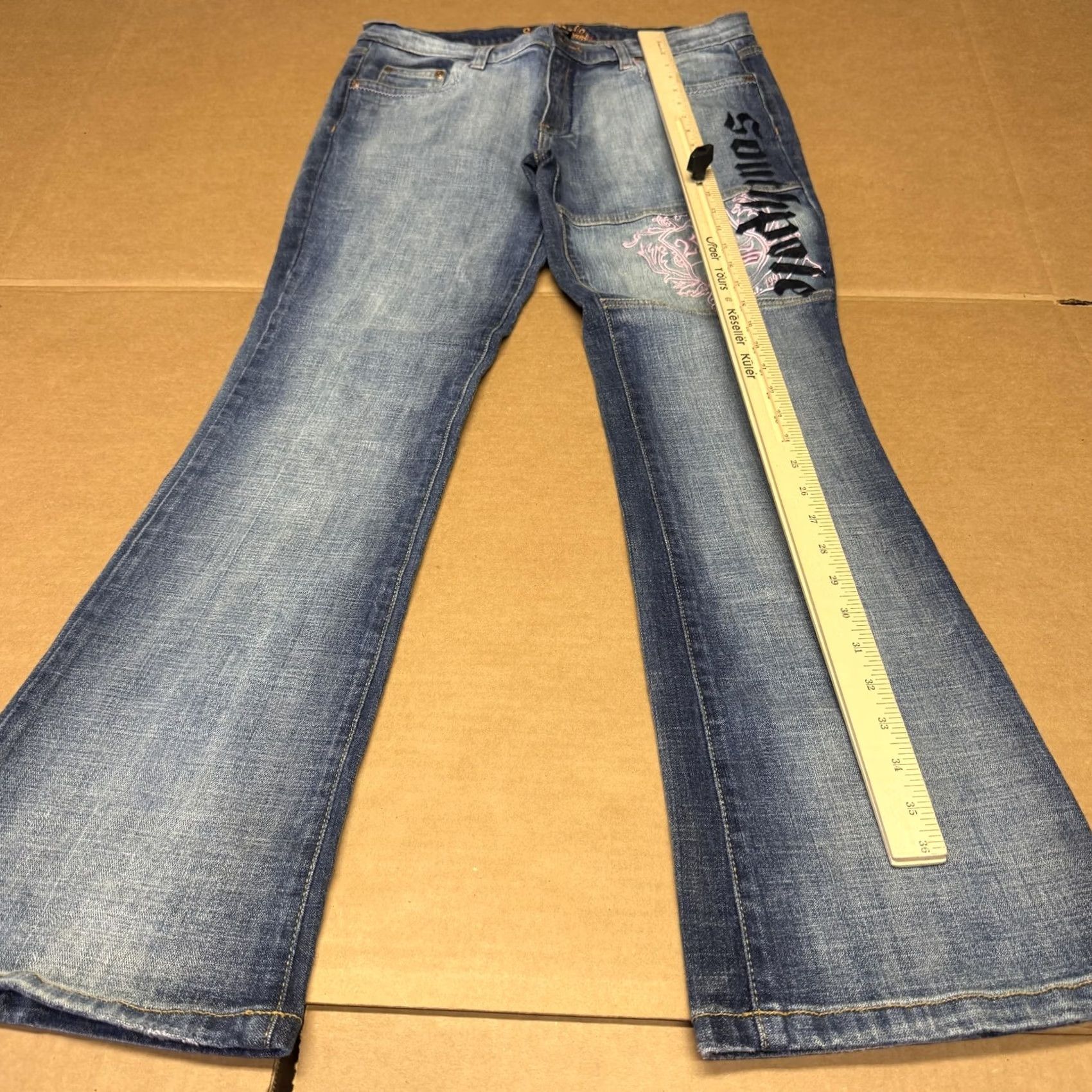 Southpole Southpole Jeans Juniors 13 Blue Low Rise Flare Embroidered Logo Stretch Denim Jeans - 5-Pocket Logo Crest Embroidery Womens, Regular Fit, Medium Wash Size 34" / US 12 / IT 48 - 4 Thumbnail