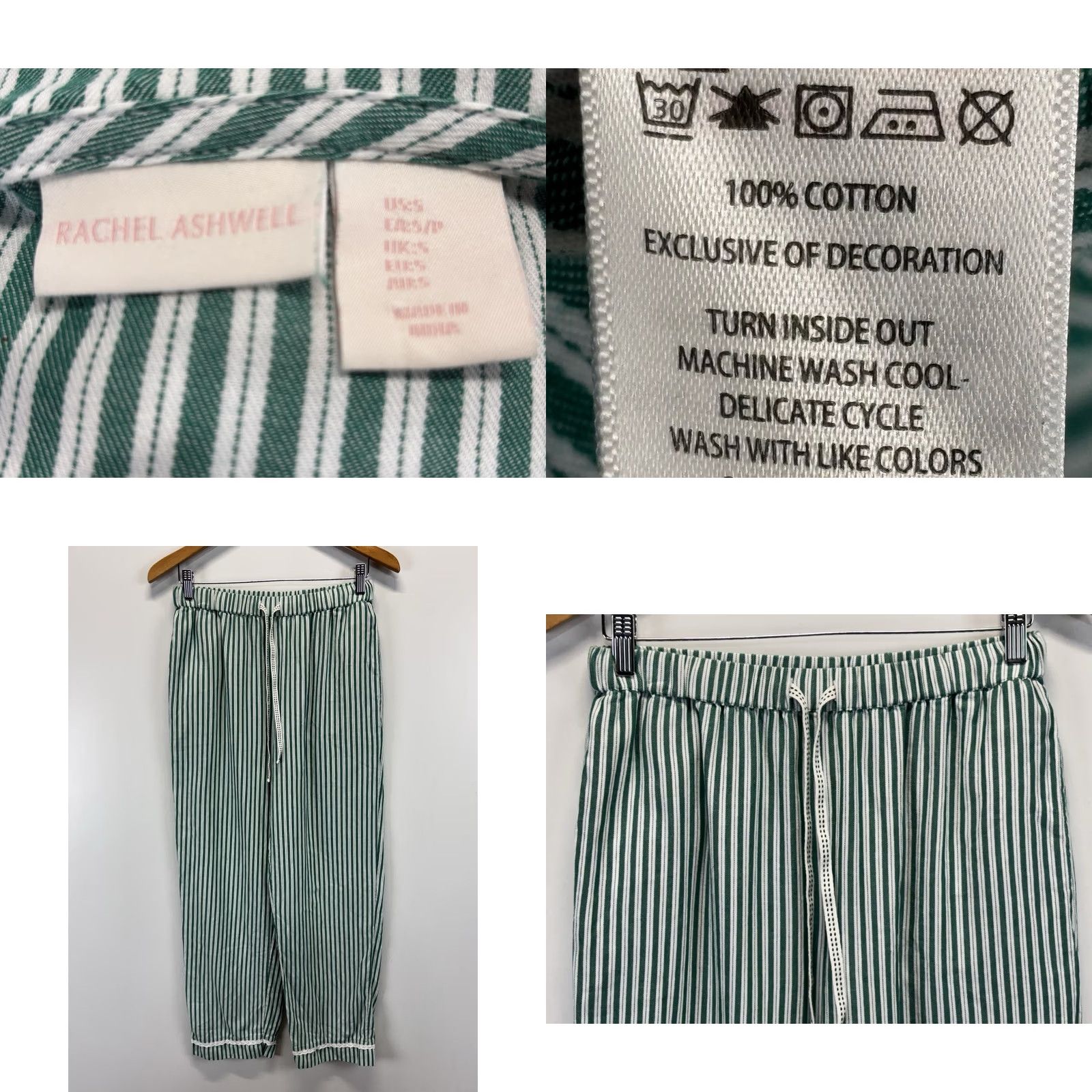 Vintage Rachel Ashwell Pajama Set Women’s S Green Stripe Eyelet Trim Cottage Core 2 Pc Threaded Cotton Shirt Button Collared Long Sleeve Adults Womens Size ONE SIZE - 8 Thumbnail
