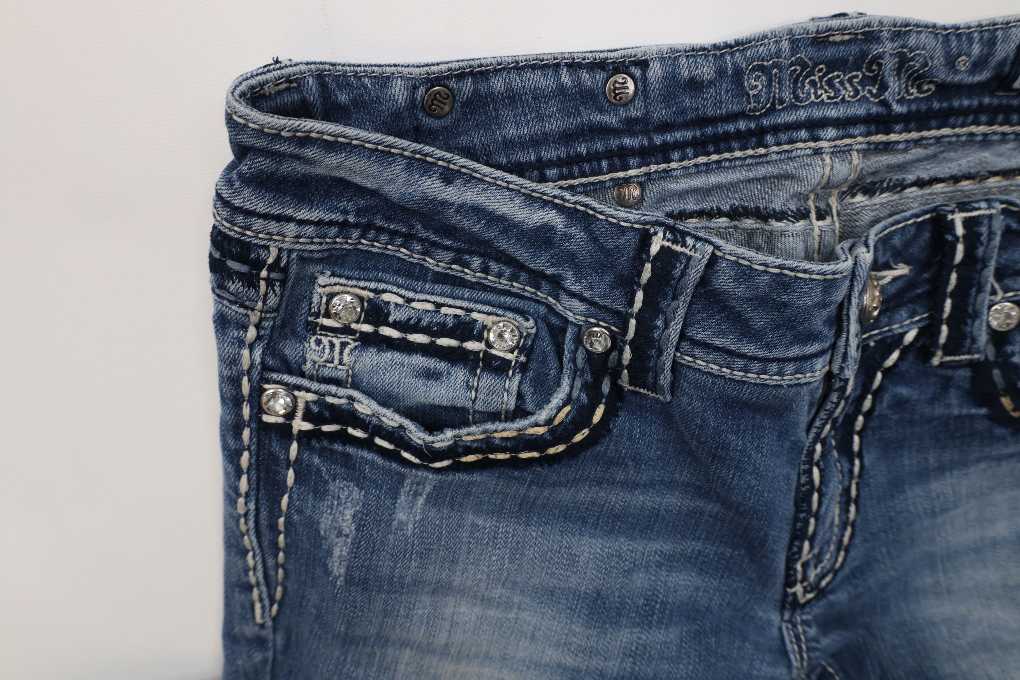 Miss Me Miss Me Thick Stitch Jeweled Flared Bootcut Denim Jeans Size 30" / US 8 / IT 44 - 6 Thumbnail