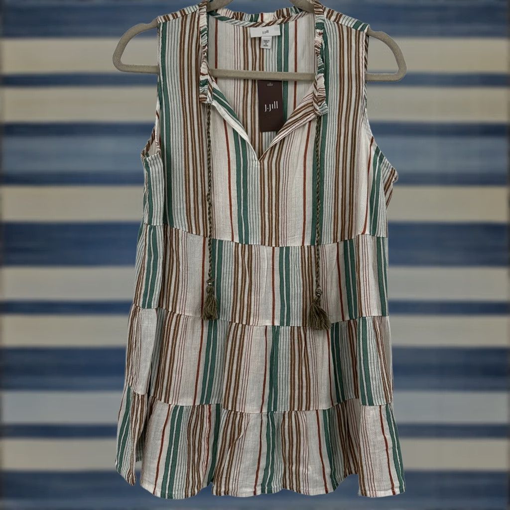 J. Jill J. Jill Tunic Top Sleevless Striped Tiered Petite Cream Multicolor Breezy Relaxed V-Neck Tassel Ruffle Summer Beach Casual Womens Size M / US 6-8 / IT 42-44 - 1 Thumbnail