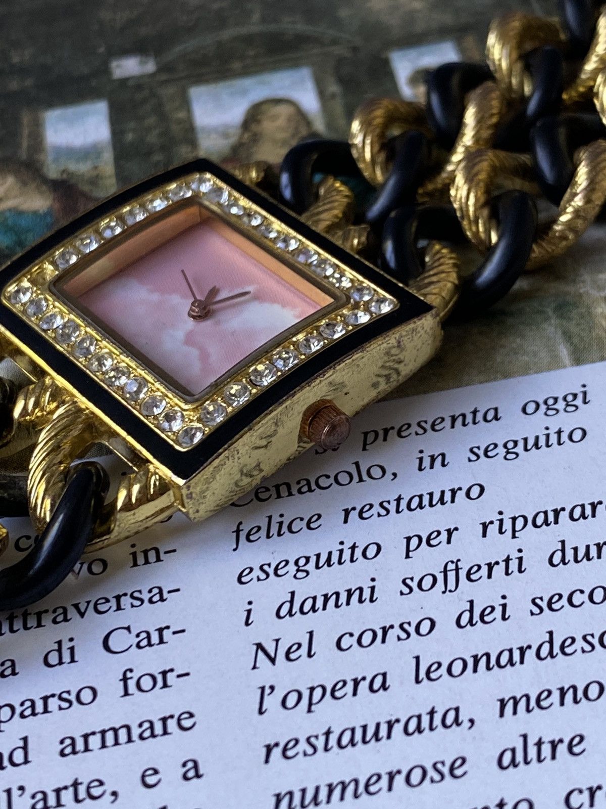 Japanese Brand × Jewelry × Vintage Elegant Watch Pink Dial Gold Black Strap Size ONE SIZE - 6 Thumbnail