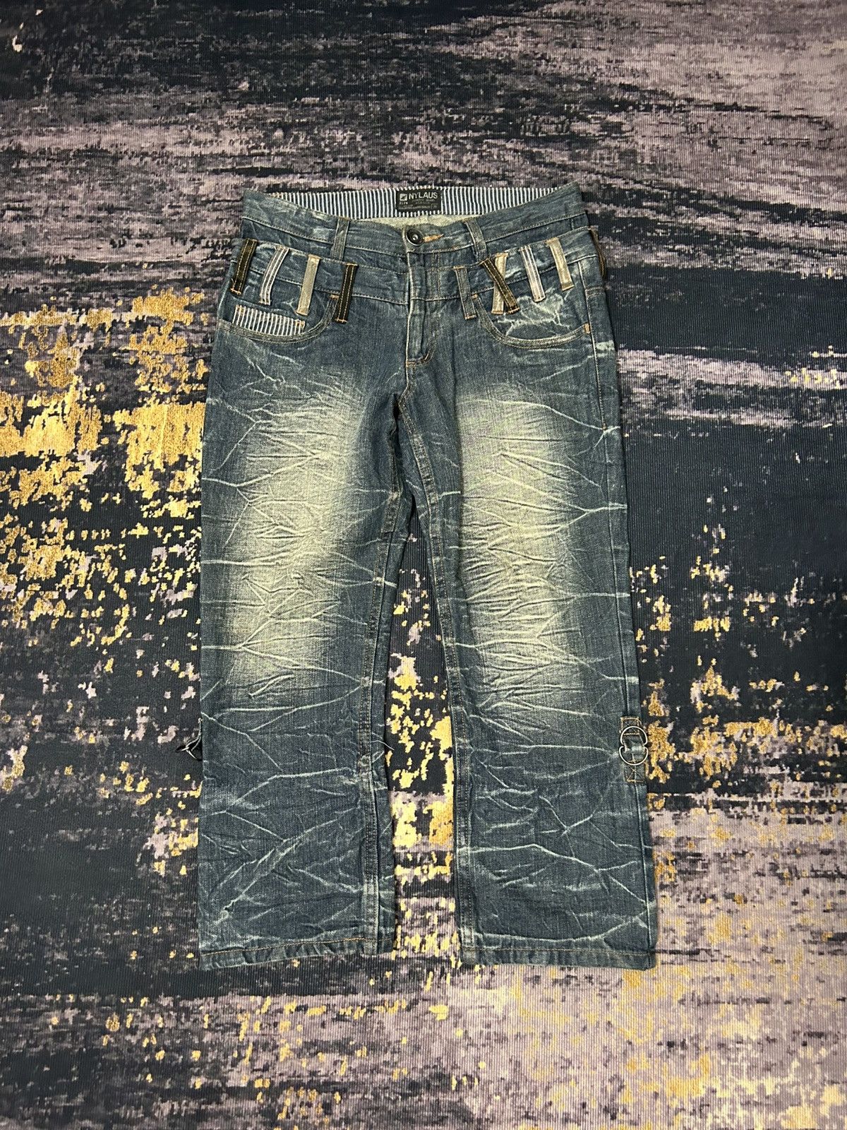 Japanese Brand NYLAUS Doublle Waist Mud Claw Mark Cropped Jeans Size US 31 - 1 Thumbnail