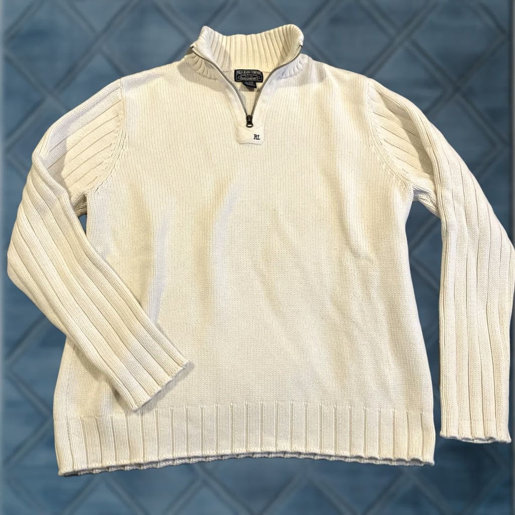 Polo Ralph Lauren VINTAGE Polo Jeans Co. Ivory Quarter Zip Heavy Knit Cotton Sweater Men's XL Pullover Mock Neck Size US XL / EU 56 / 4 - 1 Thumbnail
