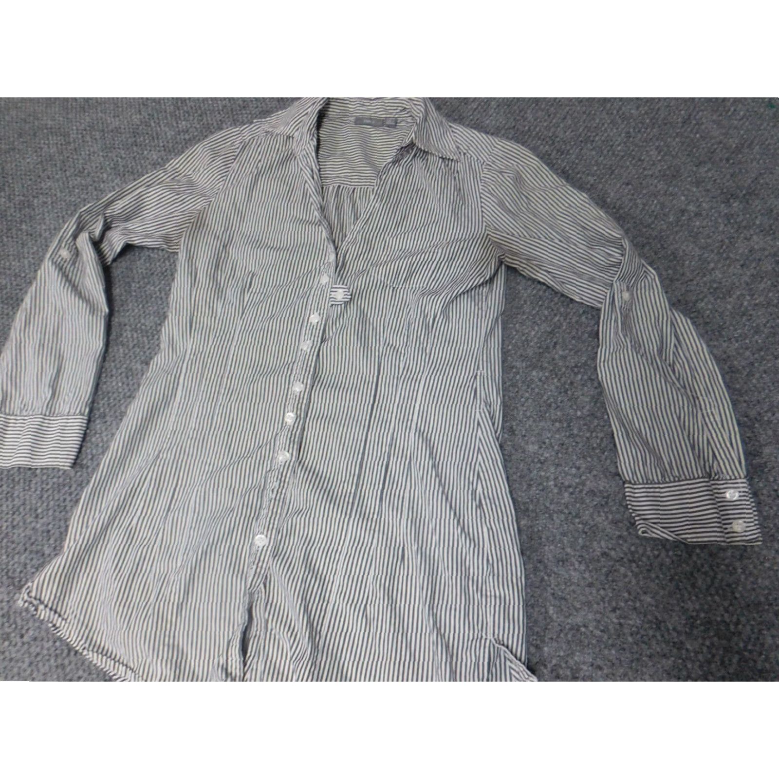 Apt. 9 Apt 9 Womens Blouse Small Gray Striped Button Down Shirt Casual Sleeve Collared Cotton Polyester Regular Basic Vintage No Size S / US 4 / IT 40 - 3 Thumbnail