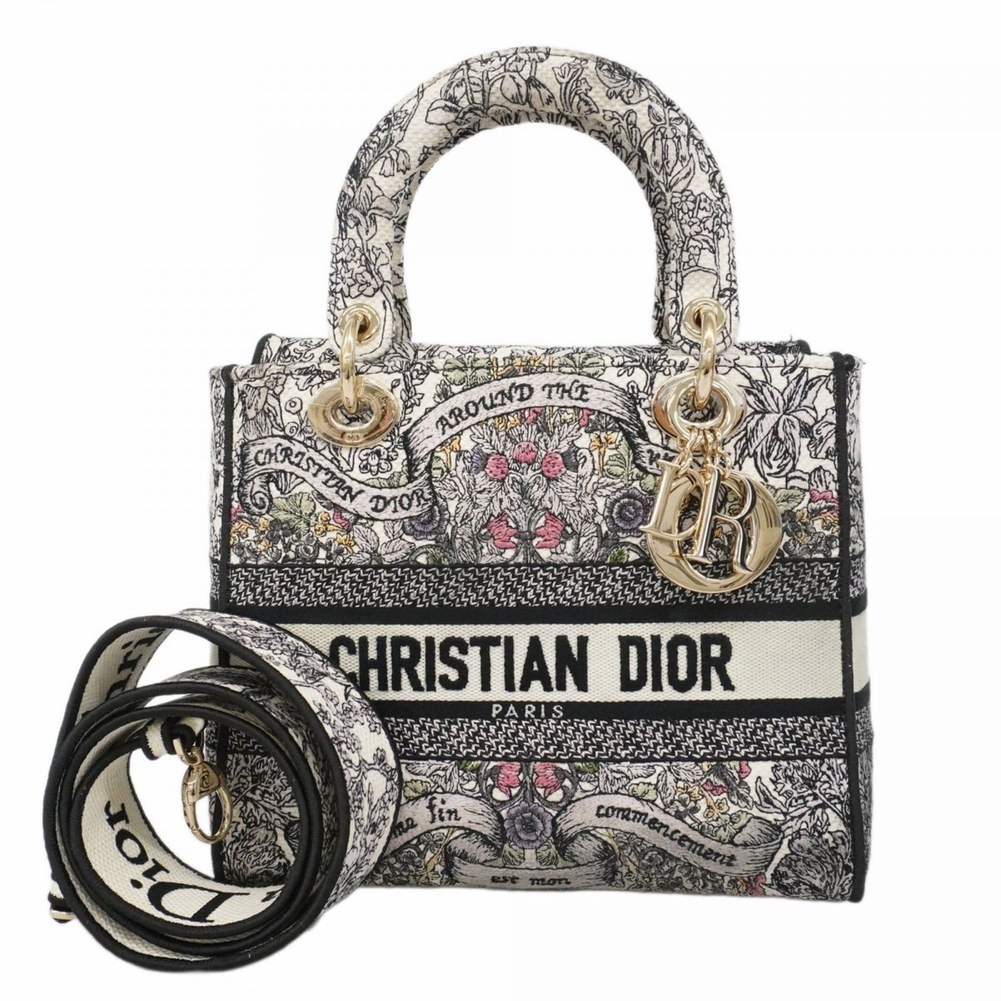 Christian Dior Lady D-Light Canvas Handbag in Black Multicolor White and Champagne. 2-Way Bag for Women.