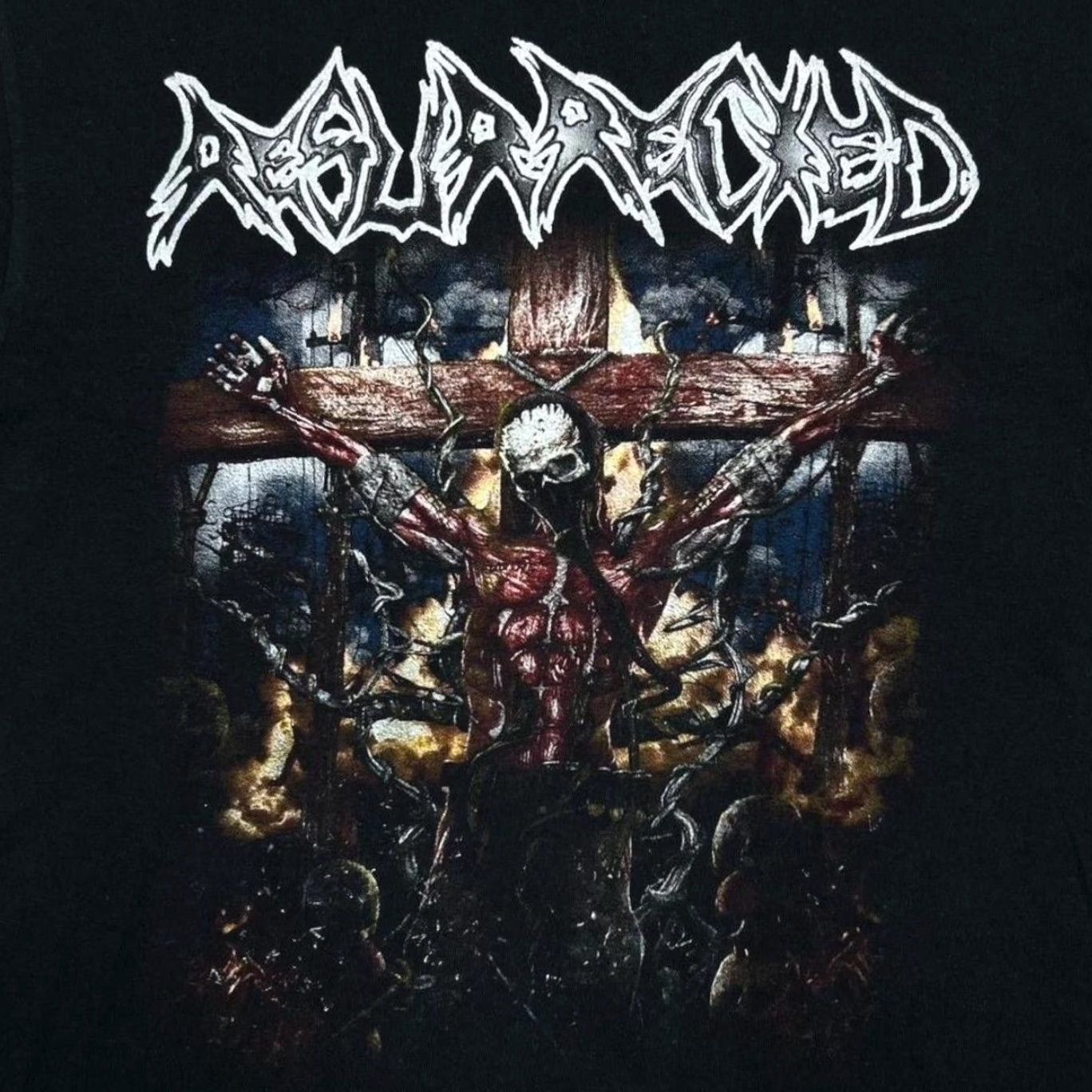Gildan Resurrected Hellcome Chaos Embrace Madness Brutal Slam Grindcore Metal Band T-Shirt Medium Shirt Men Black Graphic Print Front Back 90s? Size US M / EU 48-50 / 2 - 4 Thumbnail