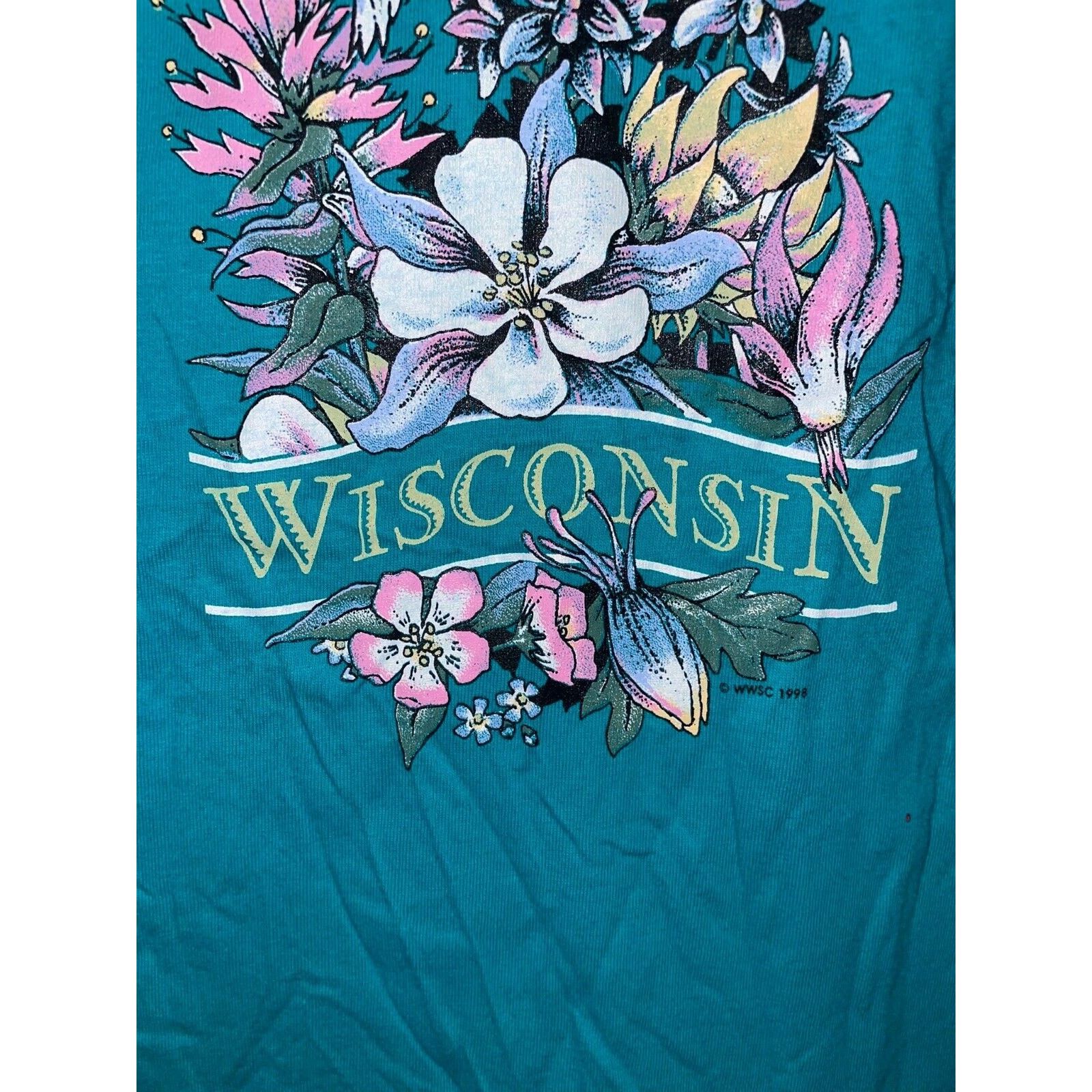 Jerzees Vintage Wisconsin Flower Shirt Teal Tee VTG 90s 1998 Large Size US XL / EU 56 / 4 - 5 Thumbnail
