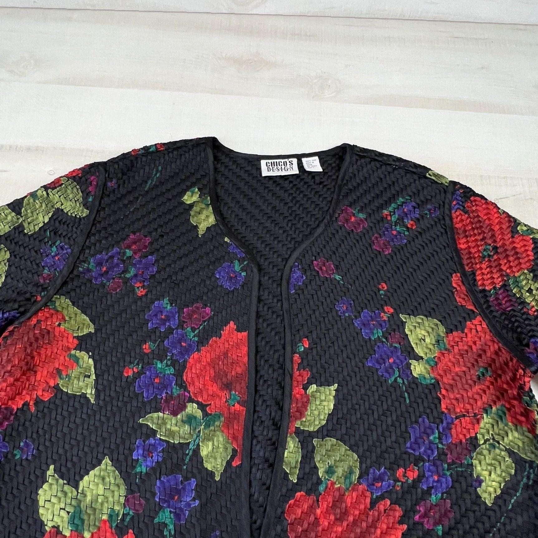 Vintage Chico's Women's Medium Black Silk Floral Open Front Cardigan Sweater Size M / US 6-8 / IT 42-44 - 2 Thumbnail