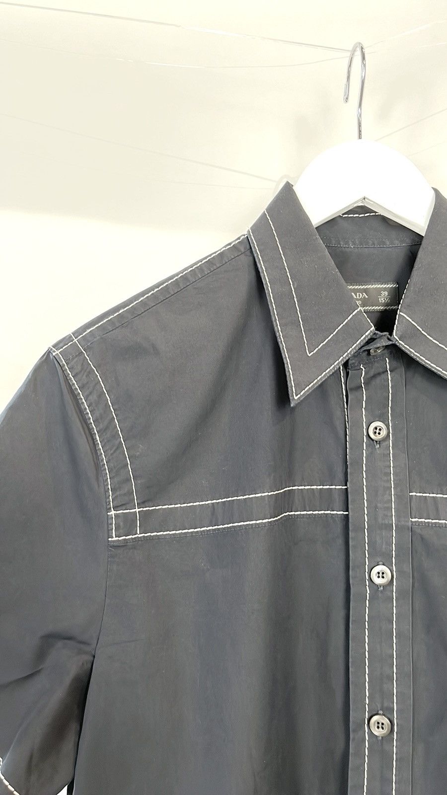 Prada Prada SS/15 Navy Topstitched Buttoned Short-Sleeve Shirt Size US M / EU 48-50 / 2 - 3 Thumbnail