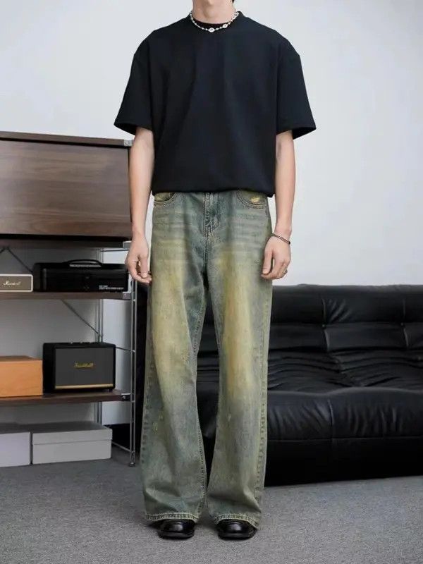 Vintage distressed wide-leg draped jeans