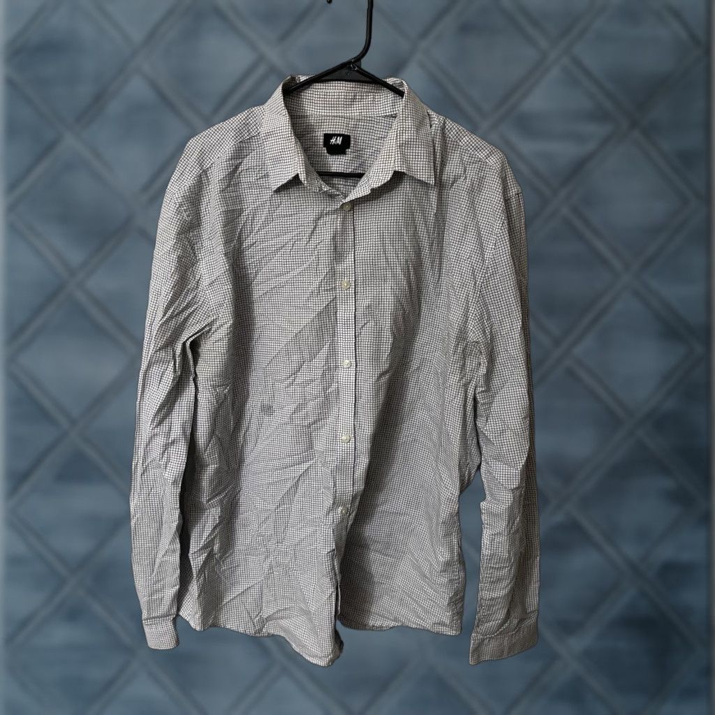 H&M VINTAGE H&M Button-Up Shirt Plaid Gingham XL White Men Shirt Slim Regular Styling Mens Size 46R - 1 Thumbnail