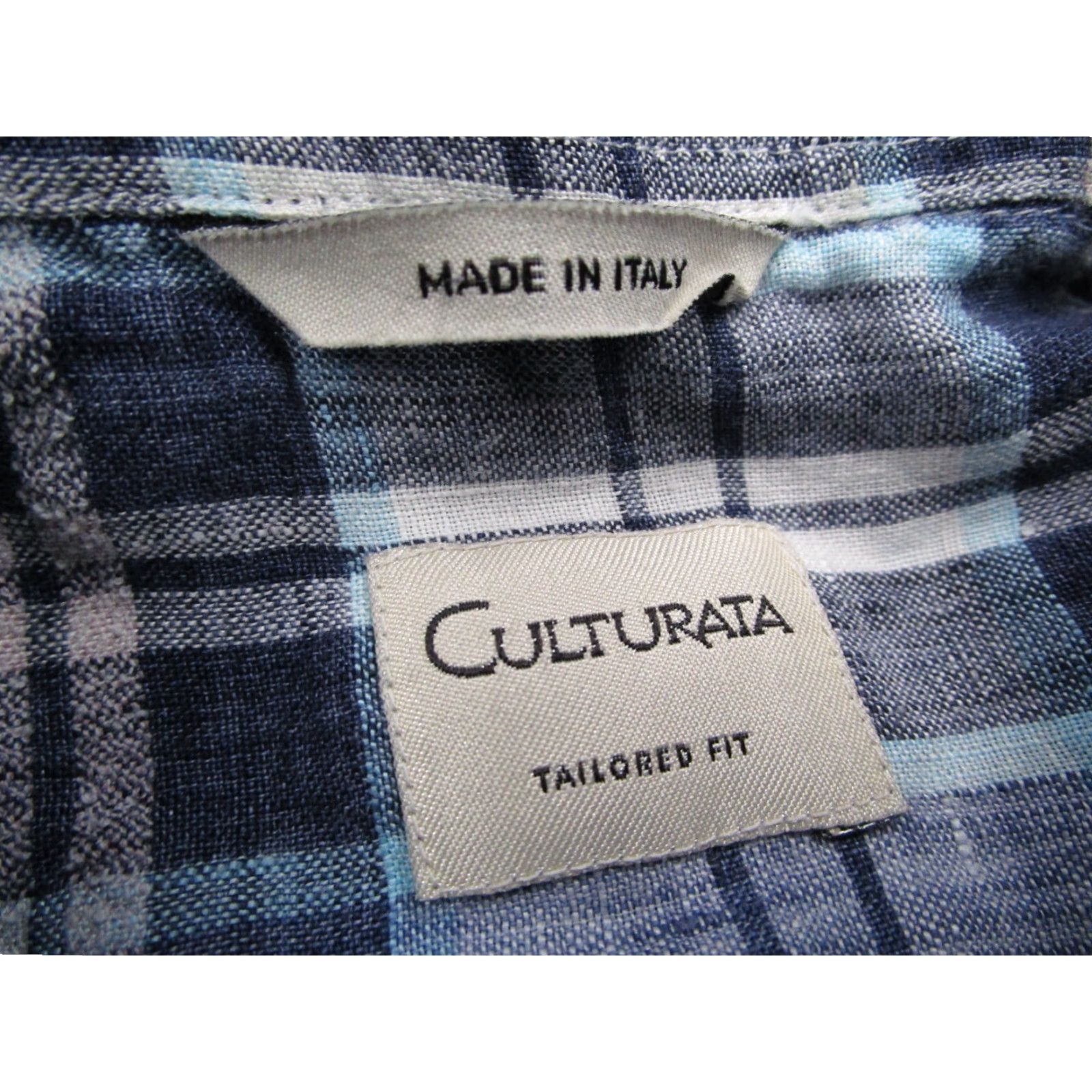 Vintage Culturata Dress Shirt Mens 2XL XXL Blue Tailored Fit Button Up Linen Blend Plaid Long Sleeve Slim Size 48R - 3 Thumbnail
