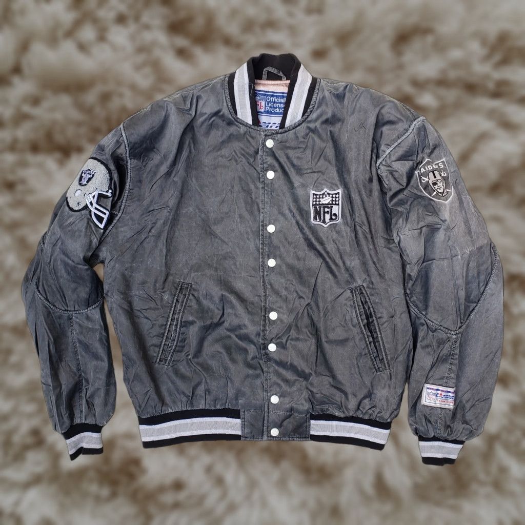 VINTAGE Campri Raiders Bomber Jacket NFL Football Embroidered Patch Jacket Men Large Black 80s 90s Retro Sports Snap Closure