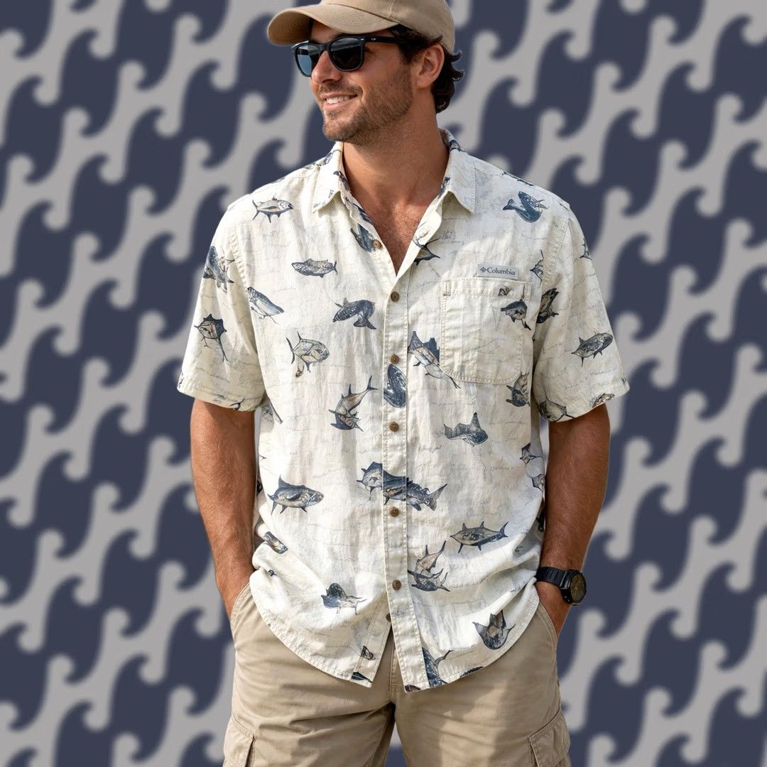 Vintage Columbia Shirt Mens Medium Fish Print Short Sleeve Button-Up Beach Fishing Colot Cotton Lightweight Breathable Casual Men’s Shirt Size US M / EU 48-50 / 2 - 1 Thumbnail