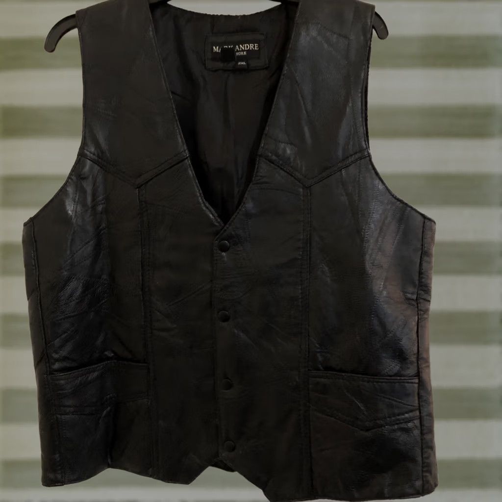 Vintage MENS 2XL MARK ANDRE NEW YORK BLACK ITALIAN LEATHER MOTORCYCLE VEST LINED Size US XXL / EU 58 / 5 - 1 Thumbnail
