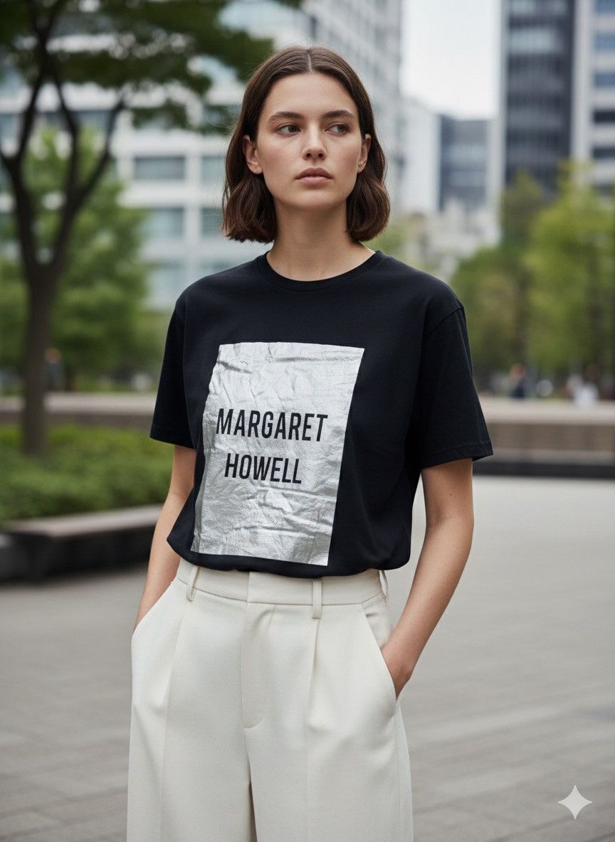 Margaret Howell Margaret Howell Black T-Shirt with Silver Foil Logo Graphic Size L / US 10 / IT 46 - 2 Thumbnail