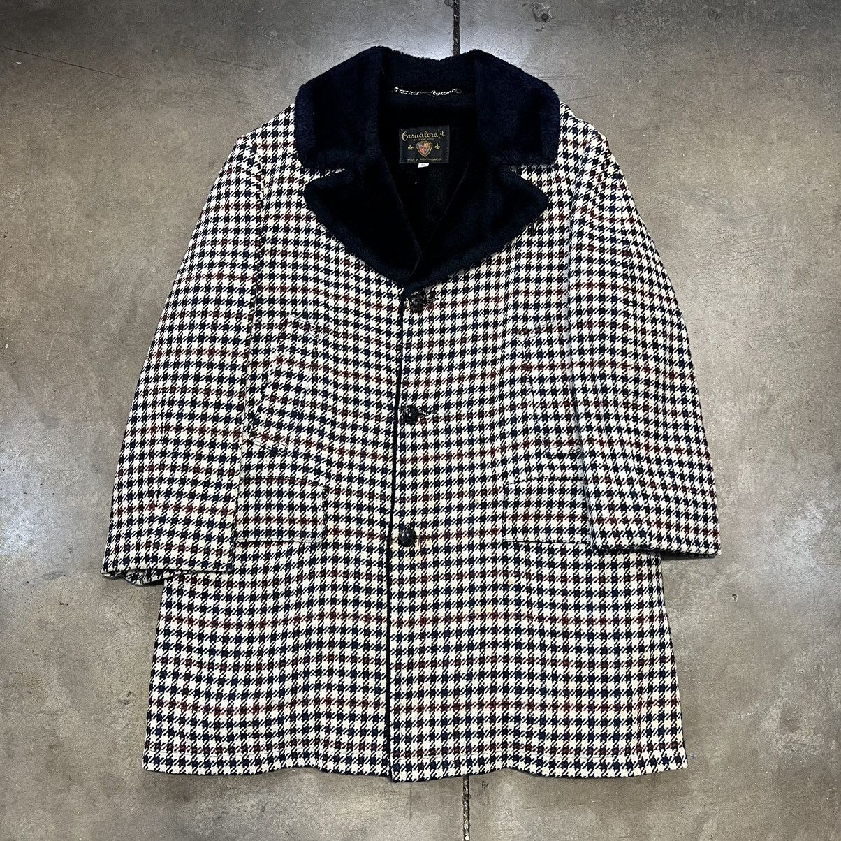 Vintage Vintage 70s Houndstooth Wool Overcoat Shearling Trench Size US L / EU 52-54 / 3 - 1 Thumbnail