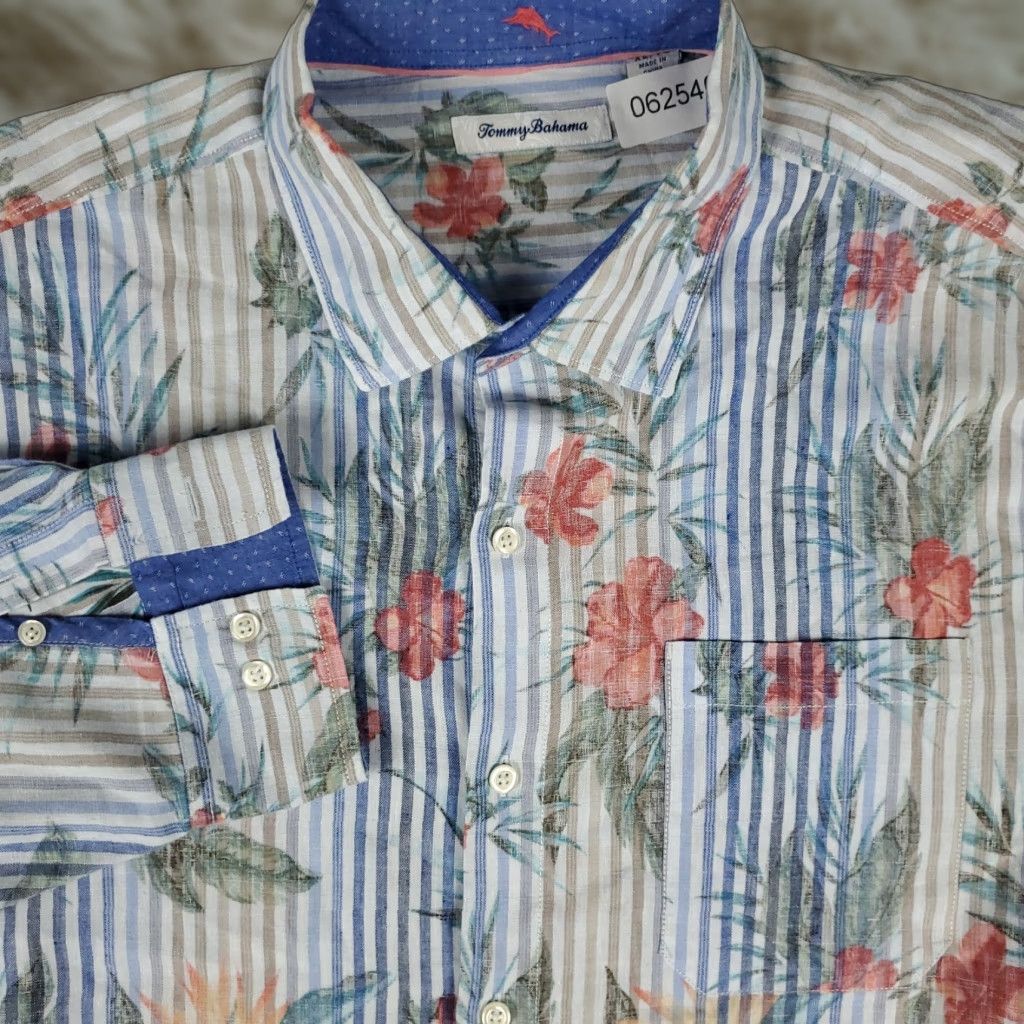 Tommy Bahama TOMMY BAHAMA Shirt Mens XL Blue Striped Linen Button-Up Long Sleeve Tropical Size US XL / EU 56 / 4 - 1 Thumbnail