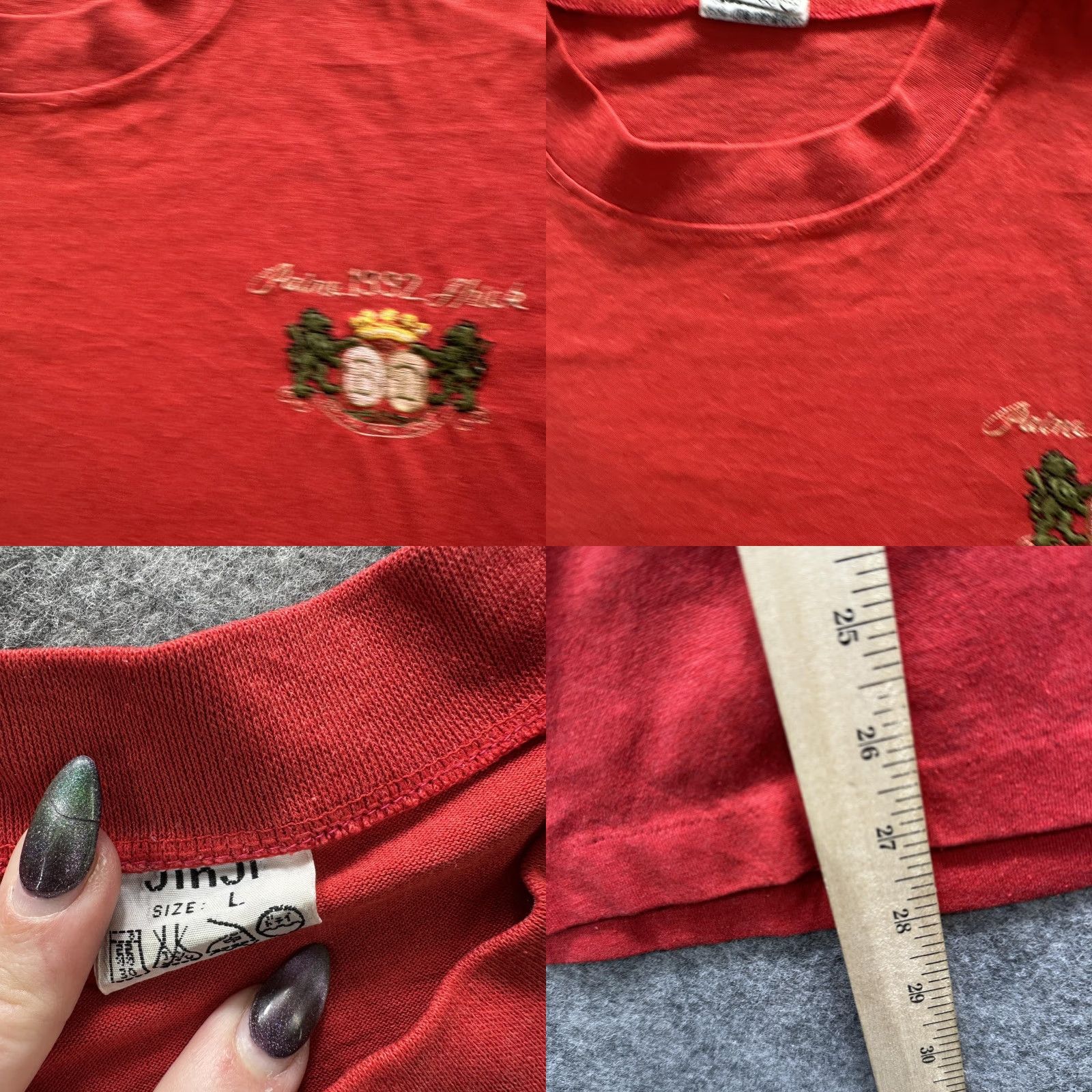Vintage Jinji Shirt Mens Large Red Crest Embroidered 1992 Graphic Tee VTG Top Crew Neck Short Sleeve Size US L / EU 52-54 / 3 - 8 Thumbnail
