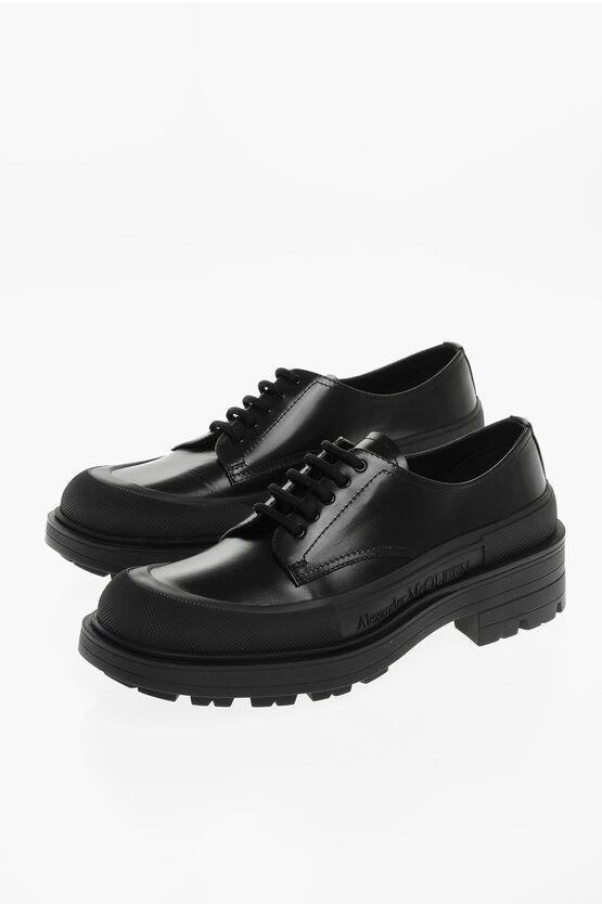 image of Alexander Mcqueen Brushed Leather Derby Shoes in Black, Men's (Size 8)
