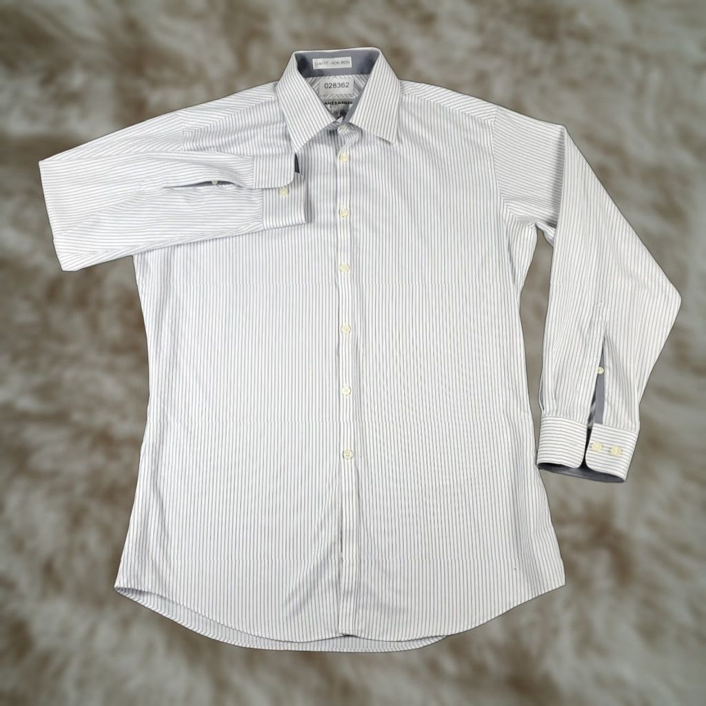 Vintage Jhane Barnes Gray Striped Dress Shirt Mens 16 Regular Fit Long Sleeve Button Up Size 42R - 1 Thumbnail