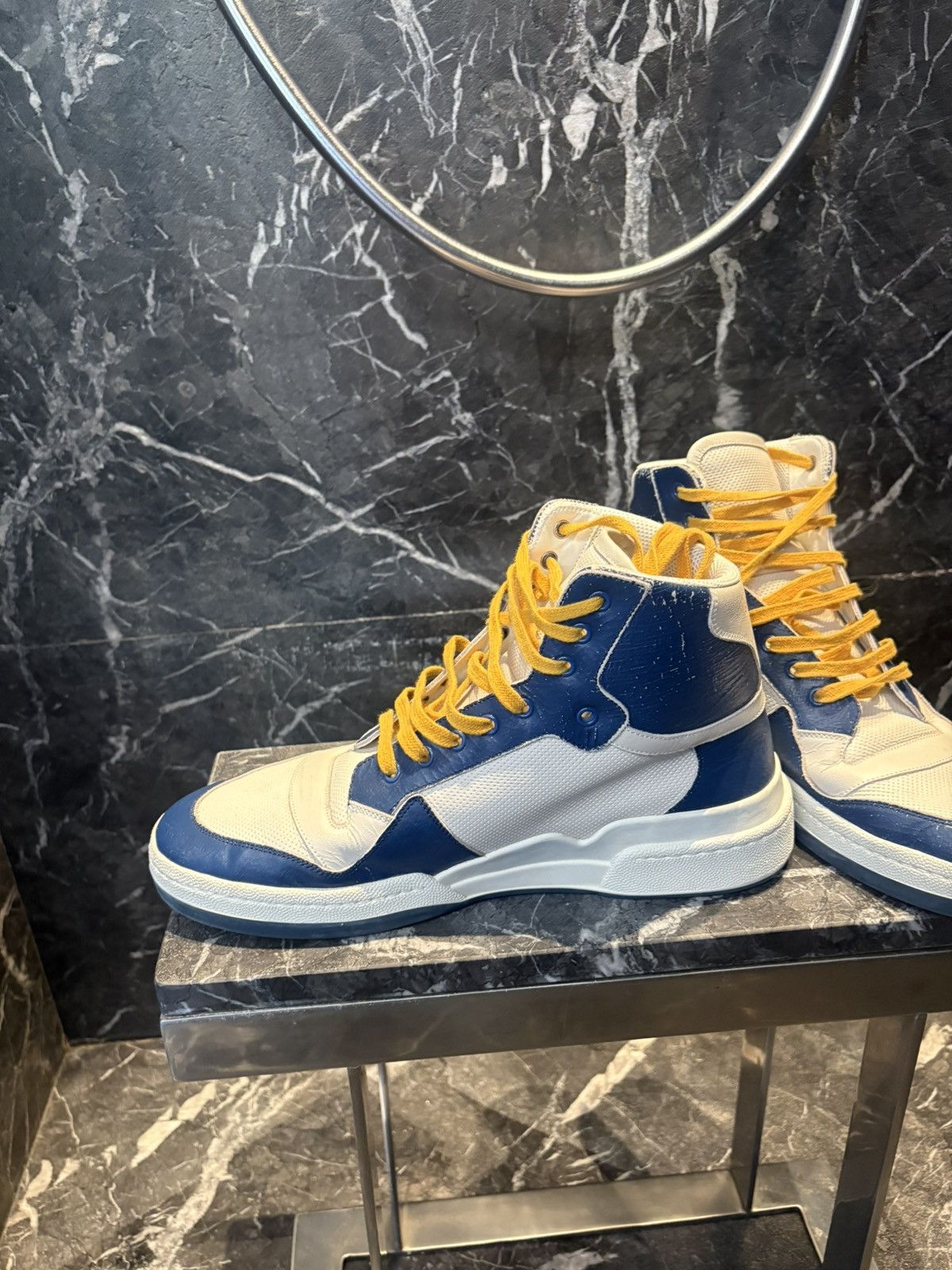 Saint Laurent Paris Saint Laurent Off-White & Blue SL24 High-Top Sneakers Size US 13 / EU 46 - 4 Thumbnail