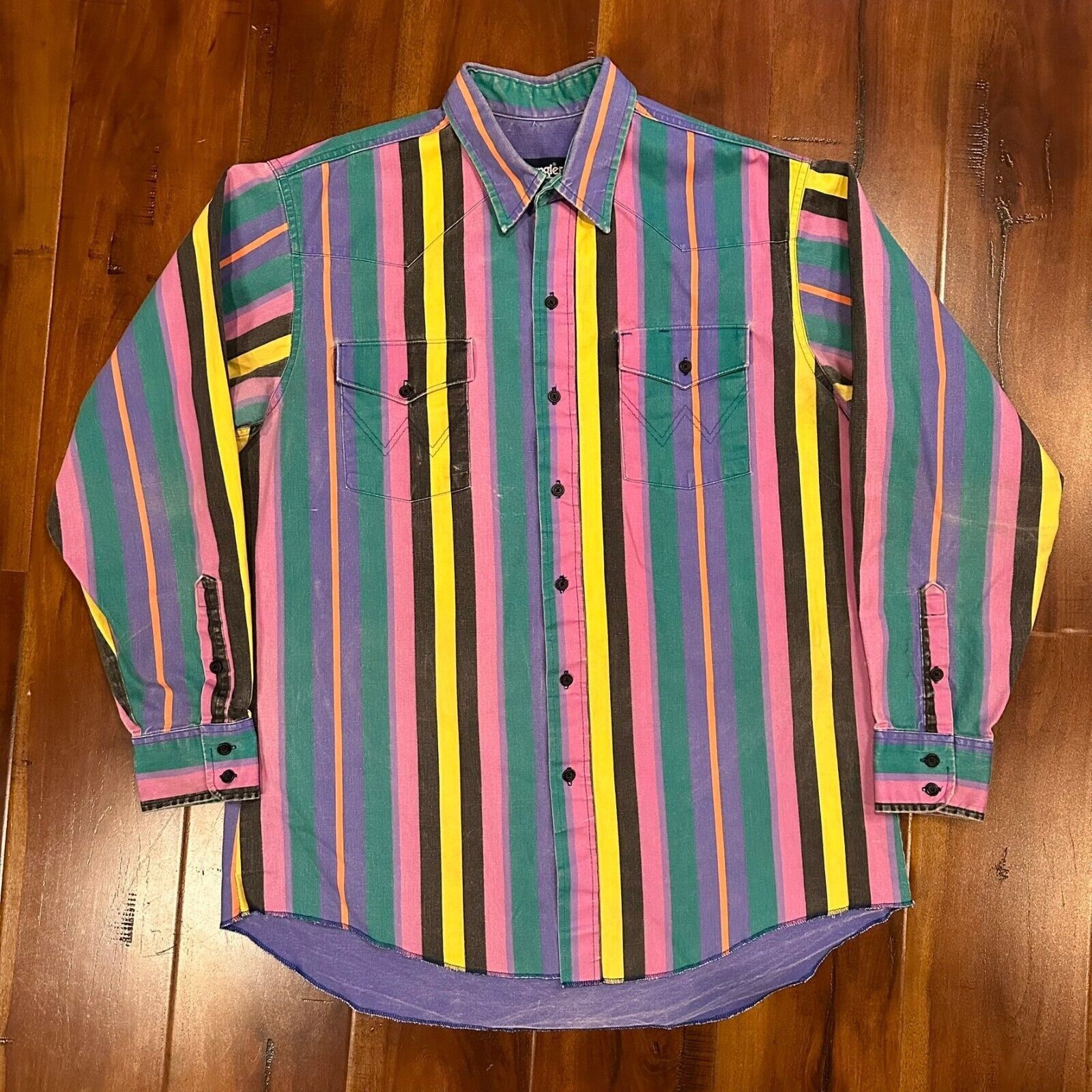 Vintage Wrangler Brushpopper Striped Cowboy Western Shirt Long Tail ...