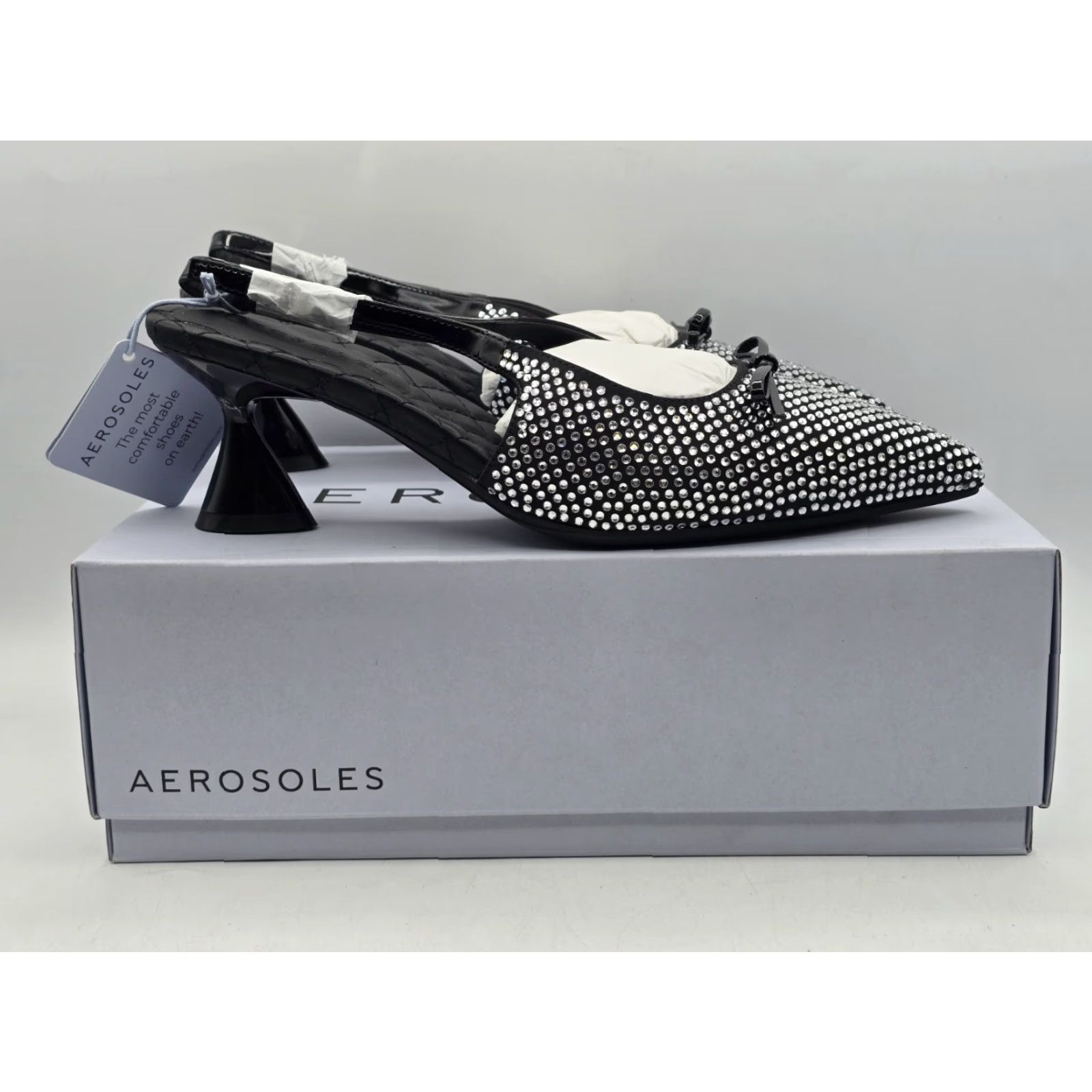 Vintage Aerosoles Janice Pump - Women's Black Satin - Size 9.5 M - Pointed Toe - Rhinestone, Bow, Buckle - Spool Heel - Formal Everyday Wear - Shoes - Women Size US 10 / IT 40 - 4 Thumbnail