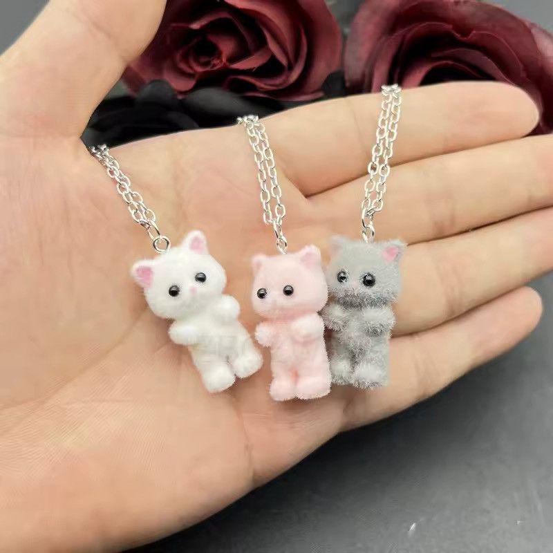 Vintage 3 Pcs Cartoon Flocking Cat Kawaii Necklace Keychains Size ONE SIZE - 1 Thumbnail