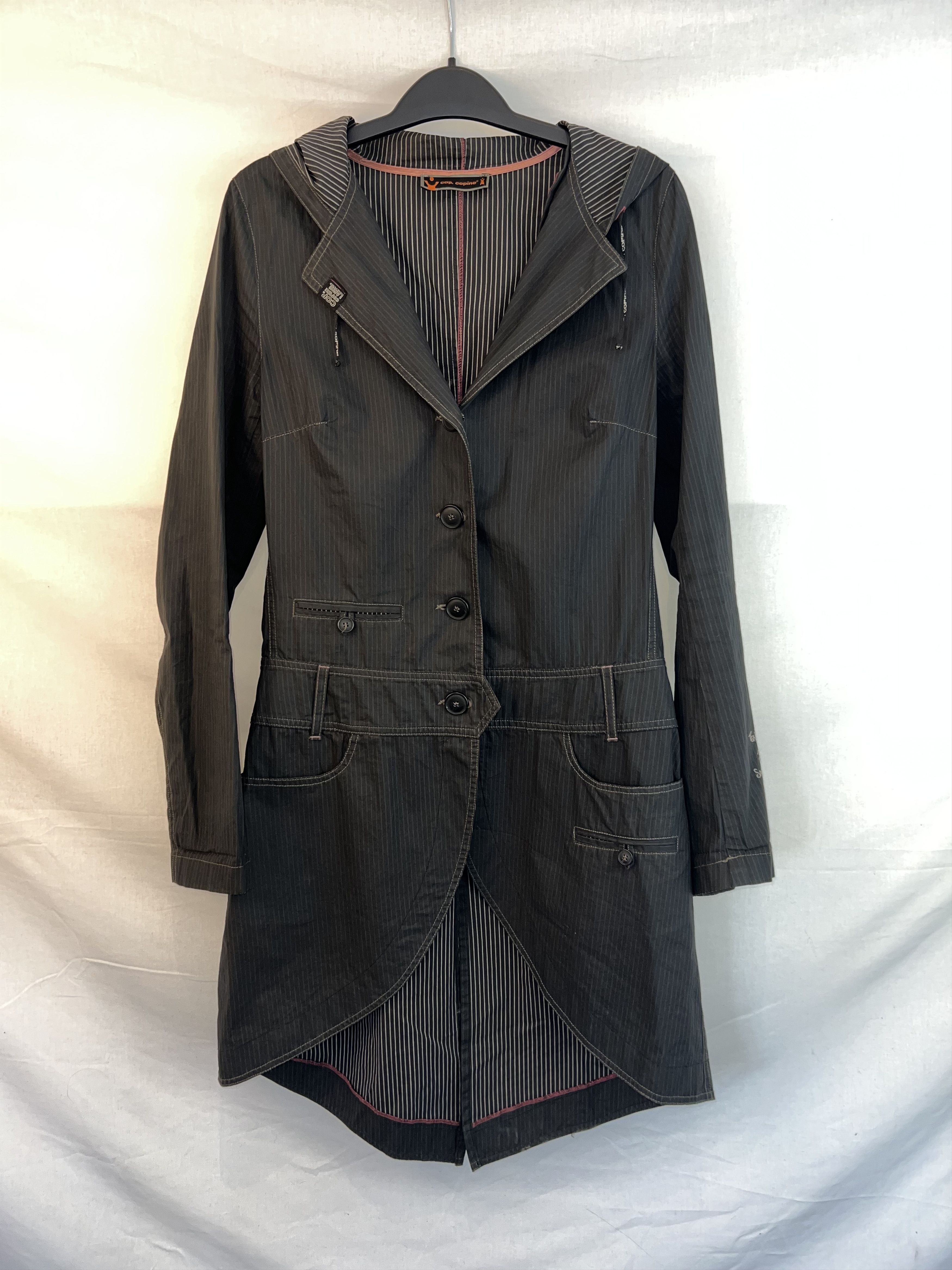 Image of Cop Copine Cop.copine - Hooded Vintage Denim-Like Pinstripe Trench Coat in Grey Pinstripe, Women's 