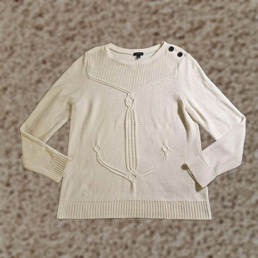 Talbots Talbots Sweater Womens Large Beige Fishermans Nautical Long Sleeve Anchor Casual Round Neck Knit Pullover Shirt 100% Cotton Size L / US 10 / IT 46 - 1 Thumbnail