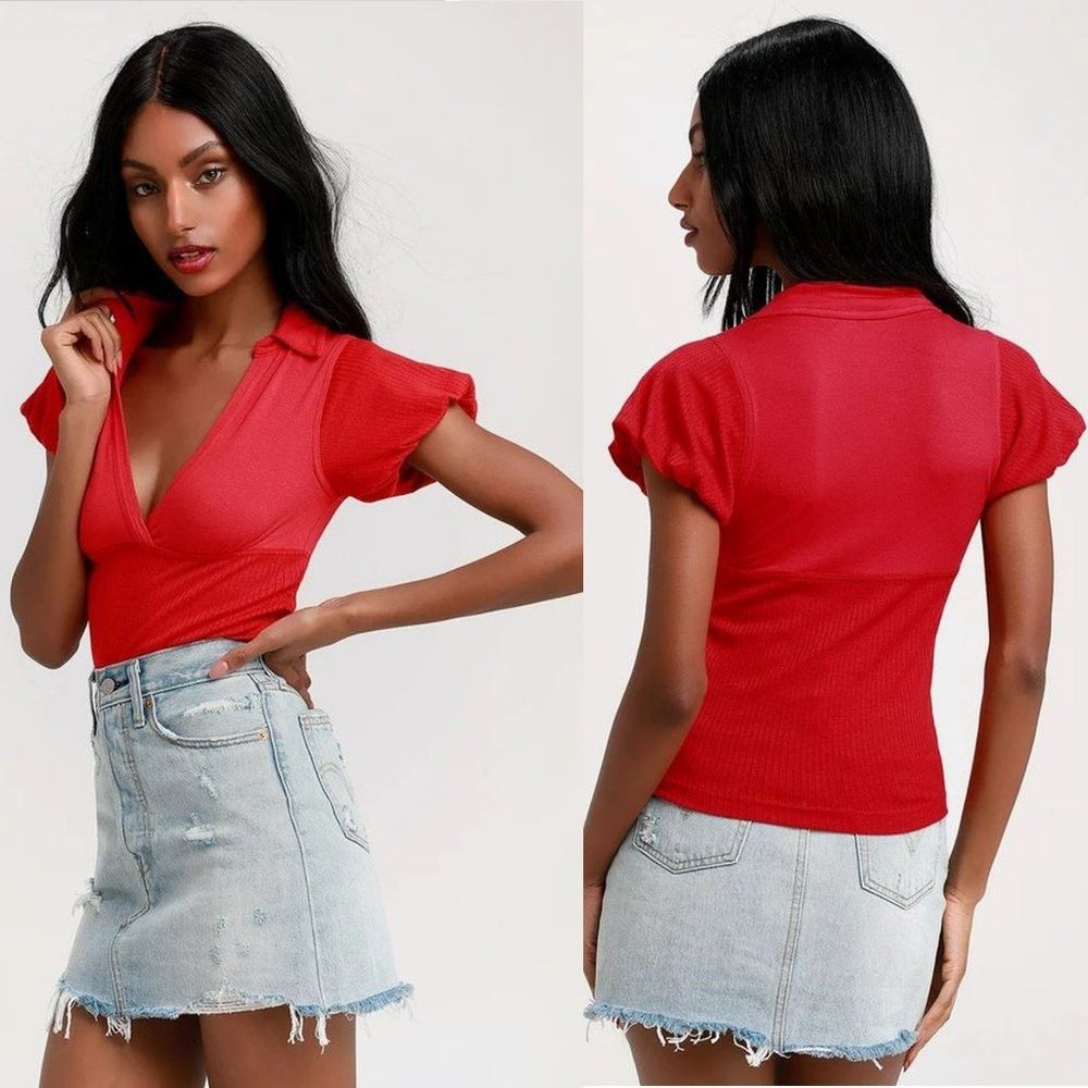 Free People NWT New Free People Molly Red Ribbed Short Sleeve Surplice Size XS / US 0-2 / IT 36-38 - 1 Thumbnail