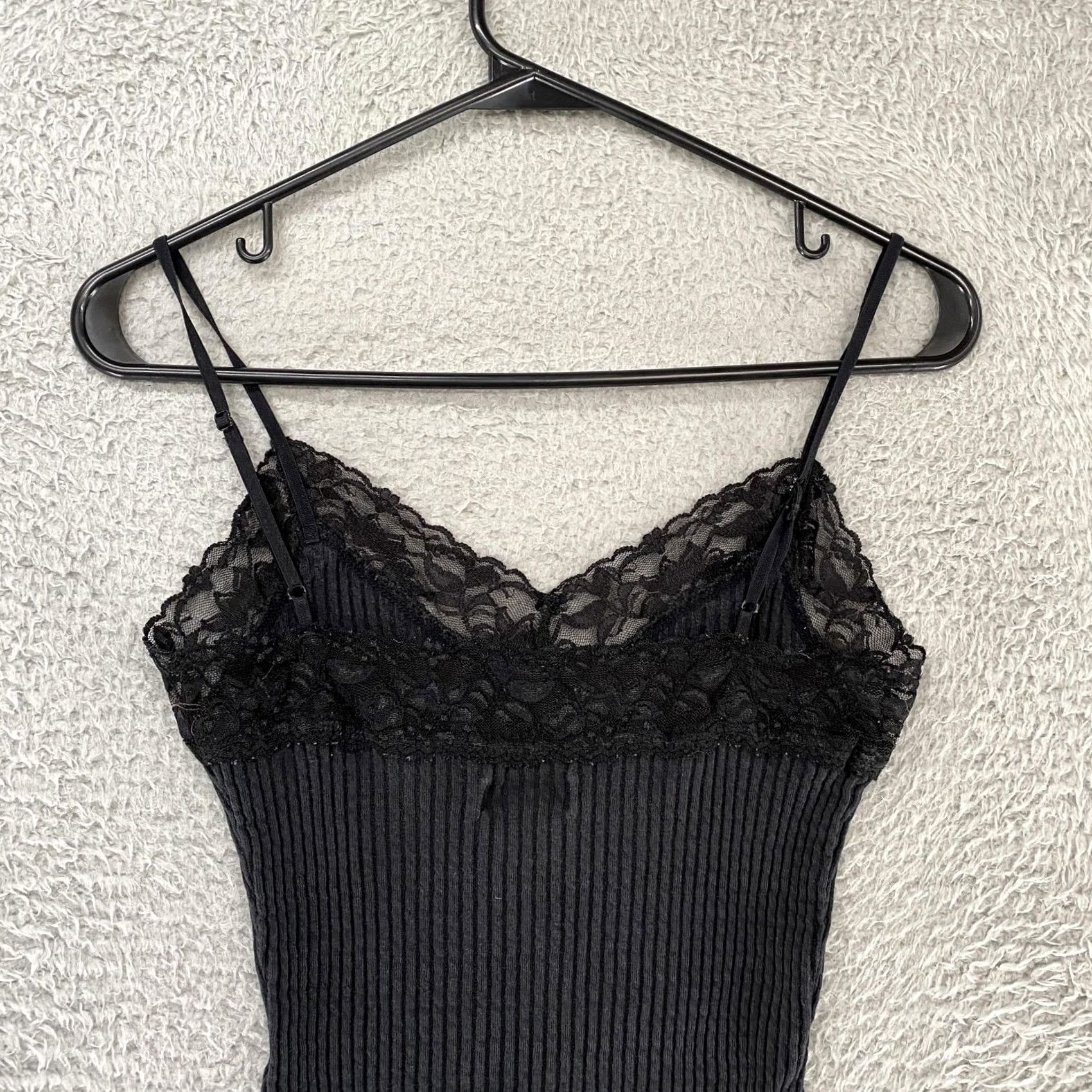 Vintage VTG Frenchi Y2K Tank Top Womens Medium Black Ribbed Lace Trim Spaghetti Strap Size M / US 6-8 / IT 42-44 - 7 Thumbnail